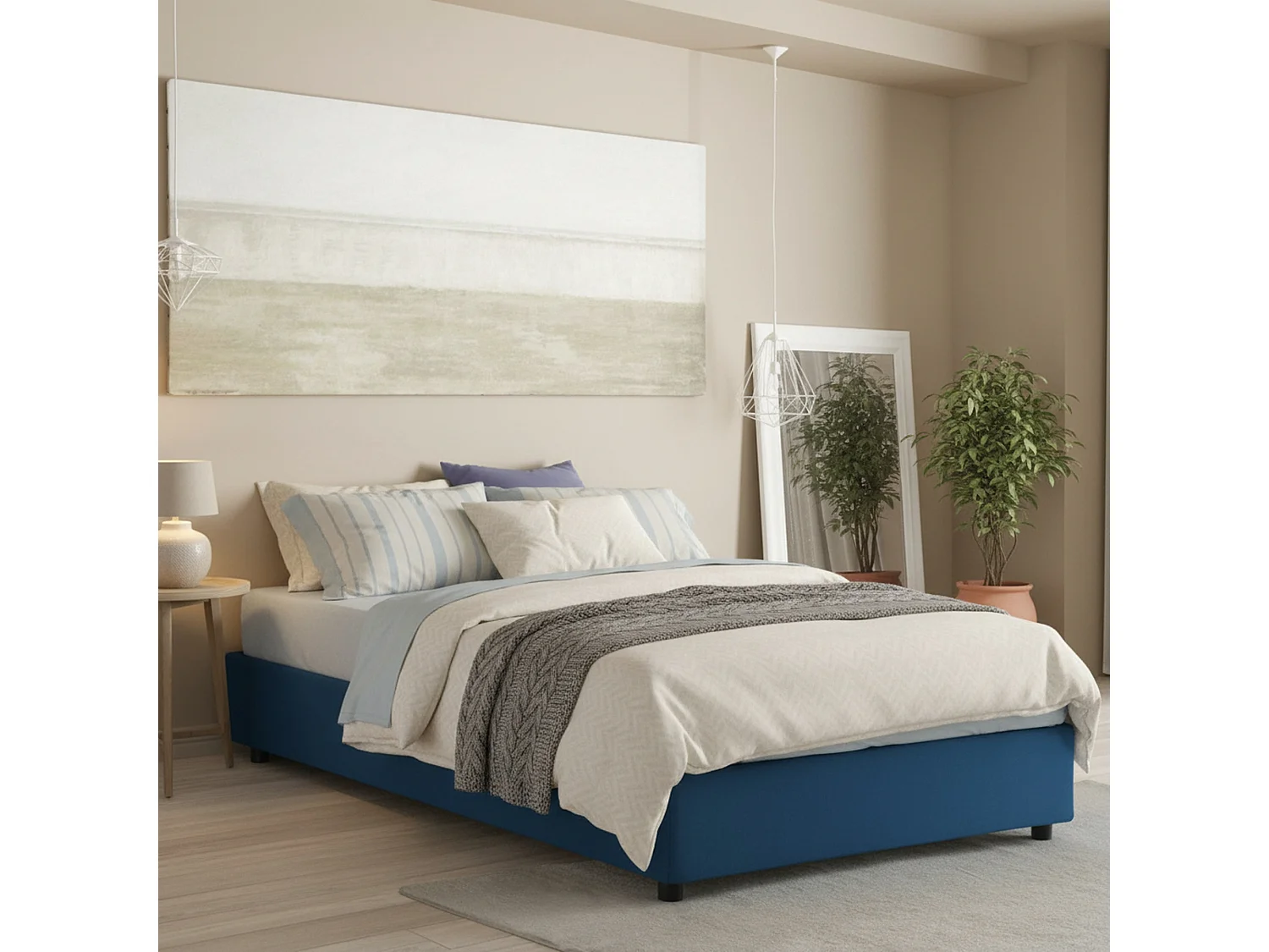 Deusep tweepersoonsbed, Opbergbed met stoffen bekleding, 100% Made in Italy, Opening aan de voorkant, inclusief matras van 160x200 cm, Blauw