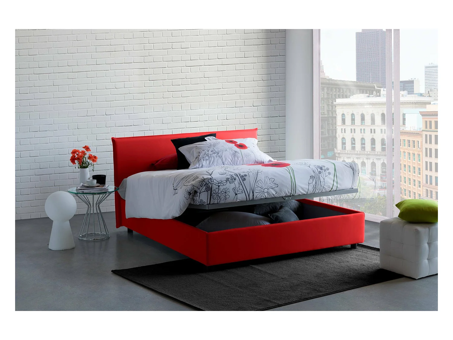 Lit double Dallegr, Lit coffre avec revêtement en tissu, 100% Made in Italy, Ouverture frontale, avec matelas 140x200 cm inclus, Rouge