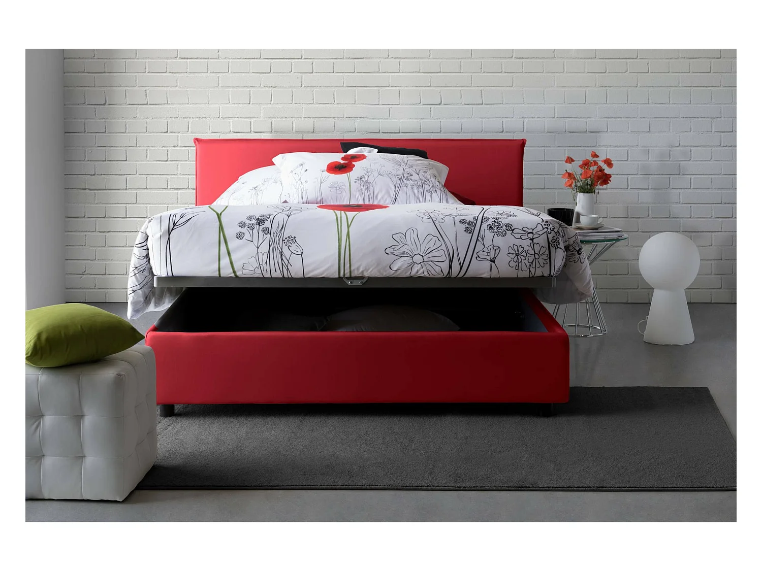Lit double Dallegr, Lit coffre avec revêtement en tissu, 100% Made in Italy, Ouverture frontale, avec matelas 140x200 cm inclus, Rouge