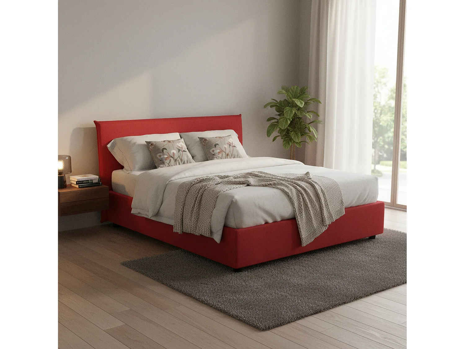 Dallegr tweepersoonsbed, Opbergbed met stoffen bekleding, 100% Made in Italy, Opening aan de voorkant, inclusief matras van 140x200 cm, Rood