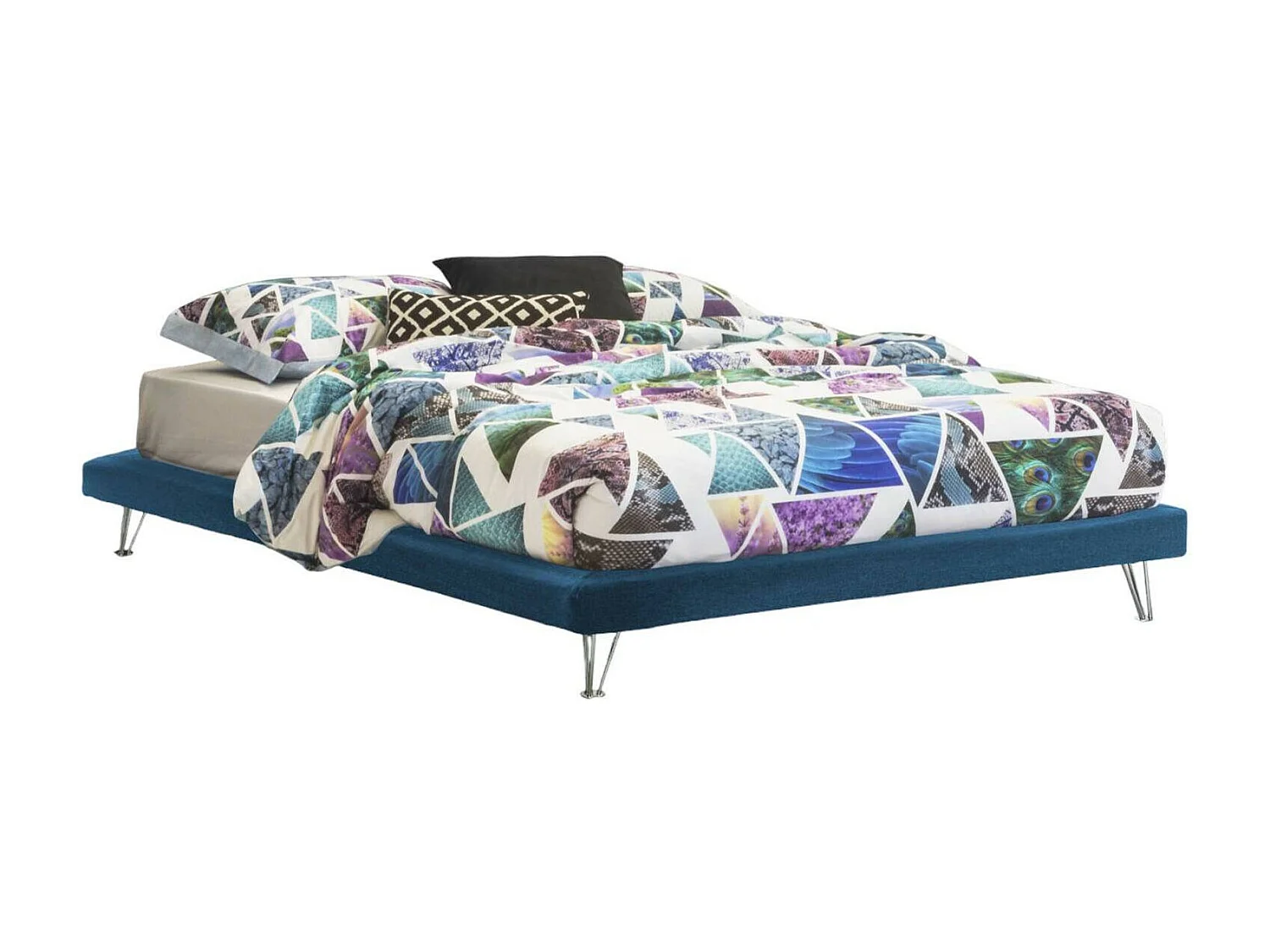 Lit double Dferron, Lit fixe en tissu avec pieds, 100% Made in Italy, adapté pour matelas 160x190 cm, Bleu