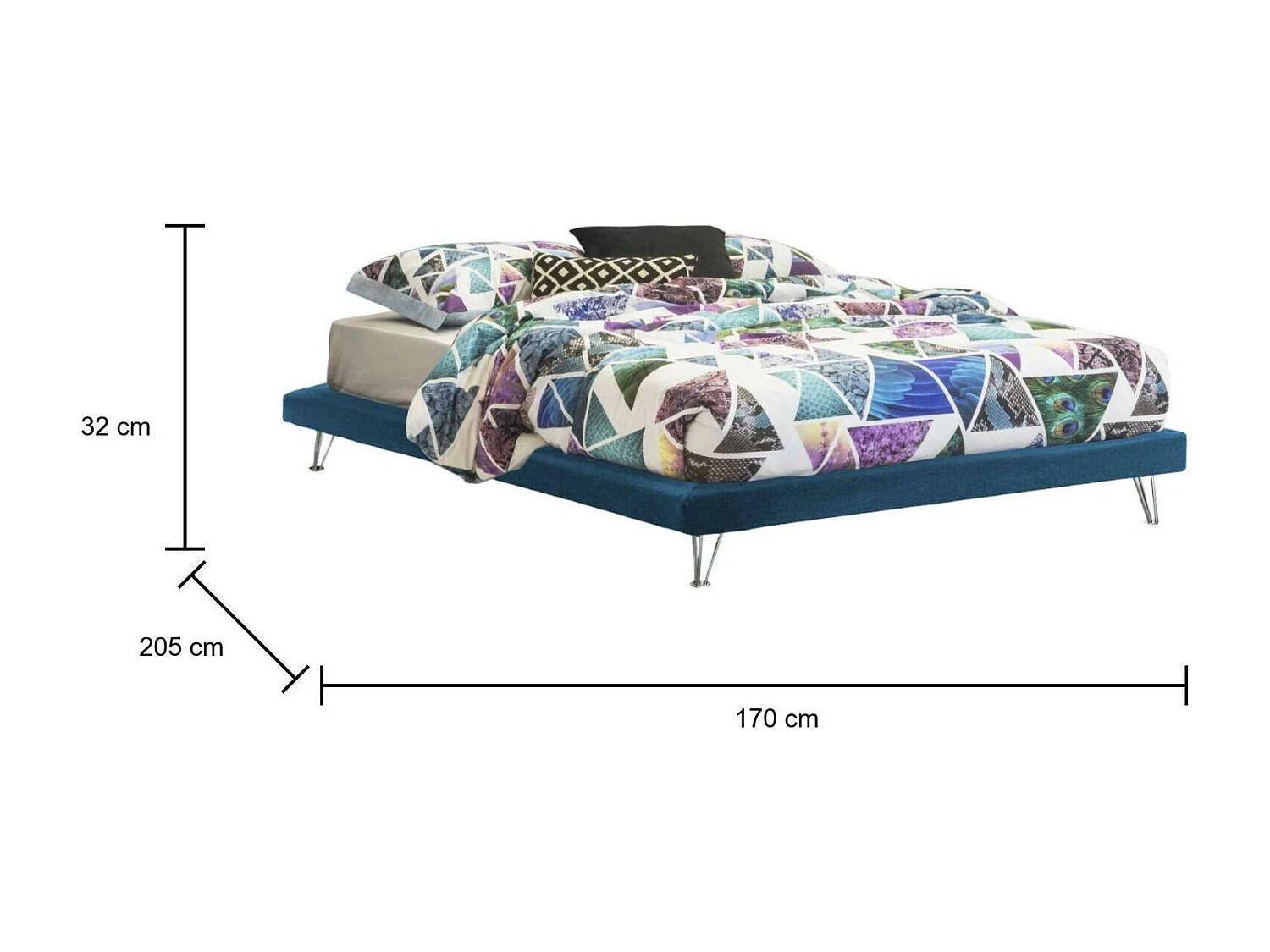 Lit double Dferron, Lit fixe en tissu avec pieds, 100% Made in Italy, adapté pour matelas 160x190 cm, Bleu