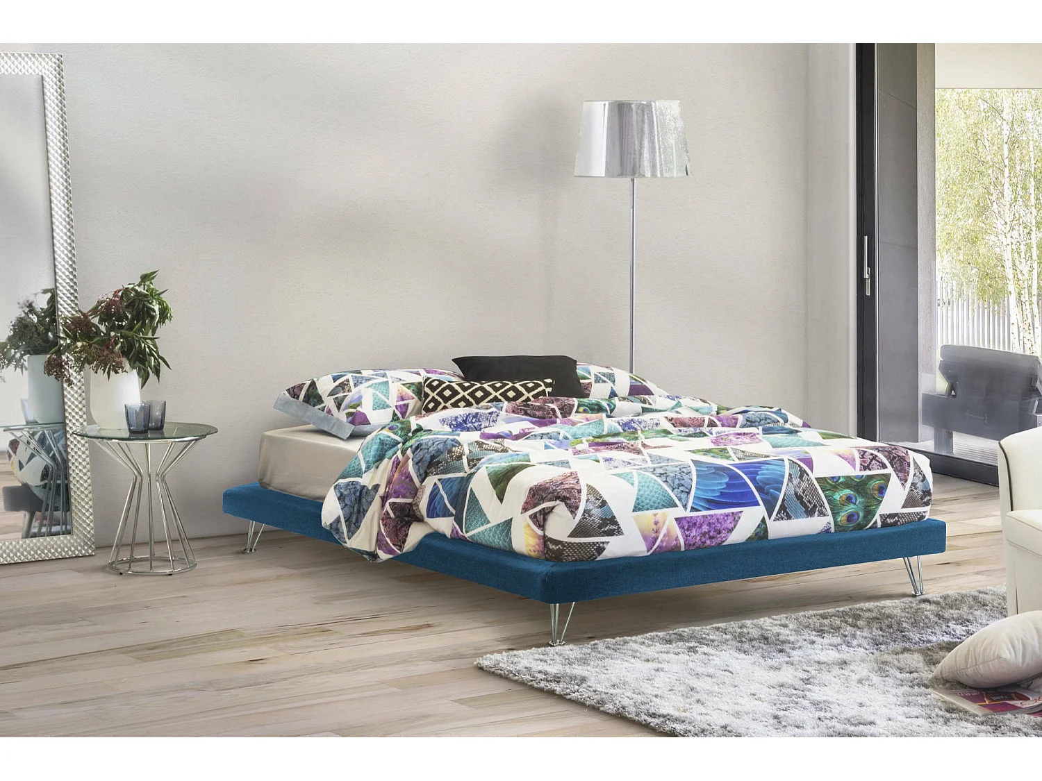 Cama de casal Dferron, Cama fixa em tecido com pés, 100% Fabricado na Itália, adequada para colchão 160x190 cm, Azul