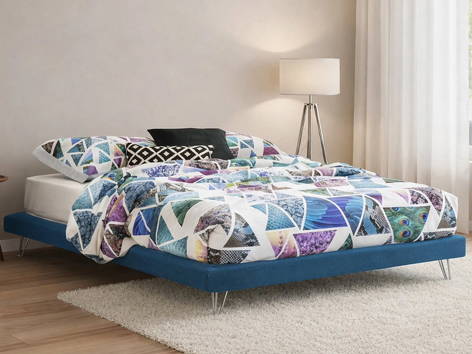 Cama matrimonial Dferron, Cama fija en tela con pies, 100% Made in Italy, adecuado para colchón 160x190 cm, Azul
