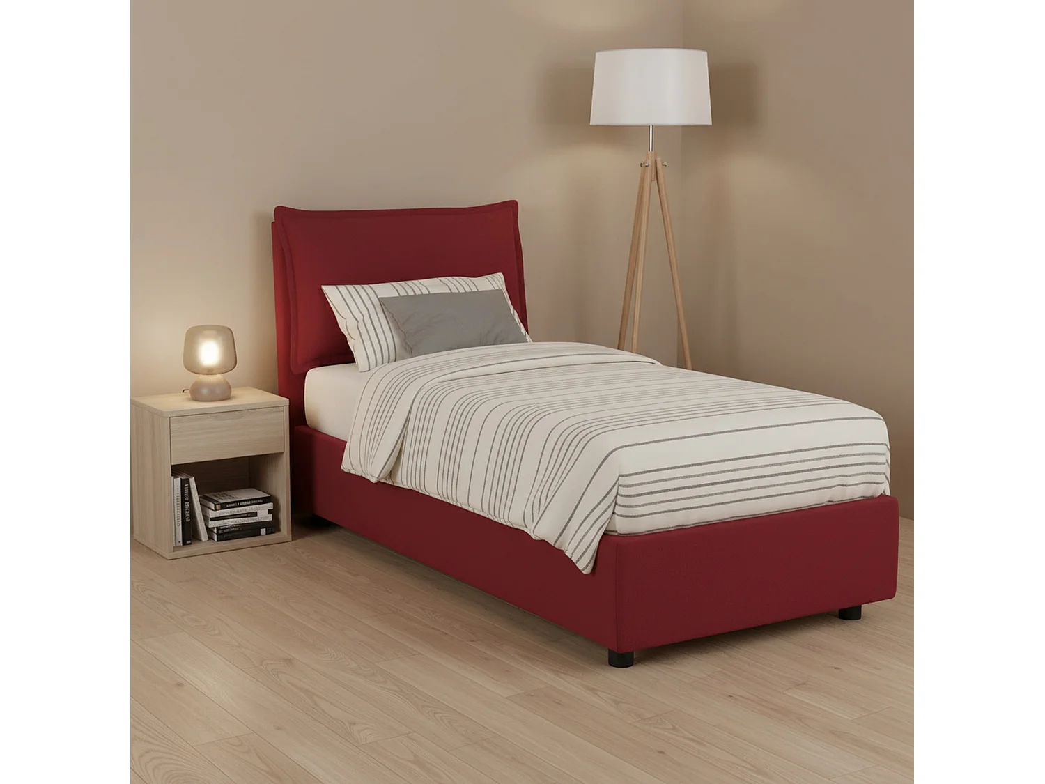 Lit simple Ddimari, Lit coffre avec revêtement en tissu, 100% Made in Italy, Ouverture frontale, adapté pour matelas 80x200 cm, Rouge