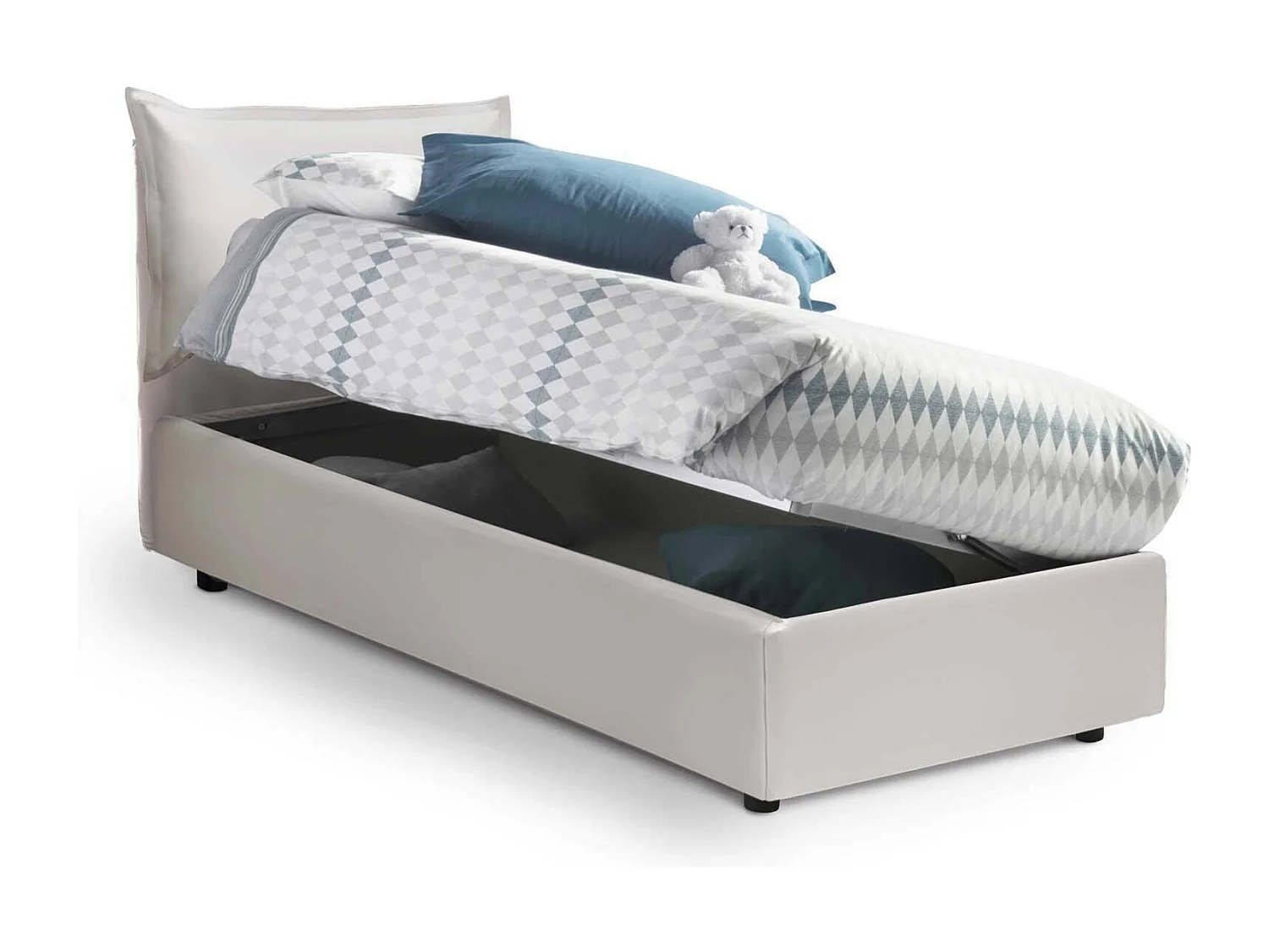 Lit simple Dgrillo, Lit coffre avec revêtement en éco-cuir, 100% Made in Italy, Ouverture latérale, avec matelas 80x190 cm inclus, Blanc