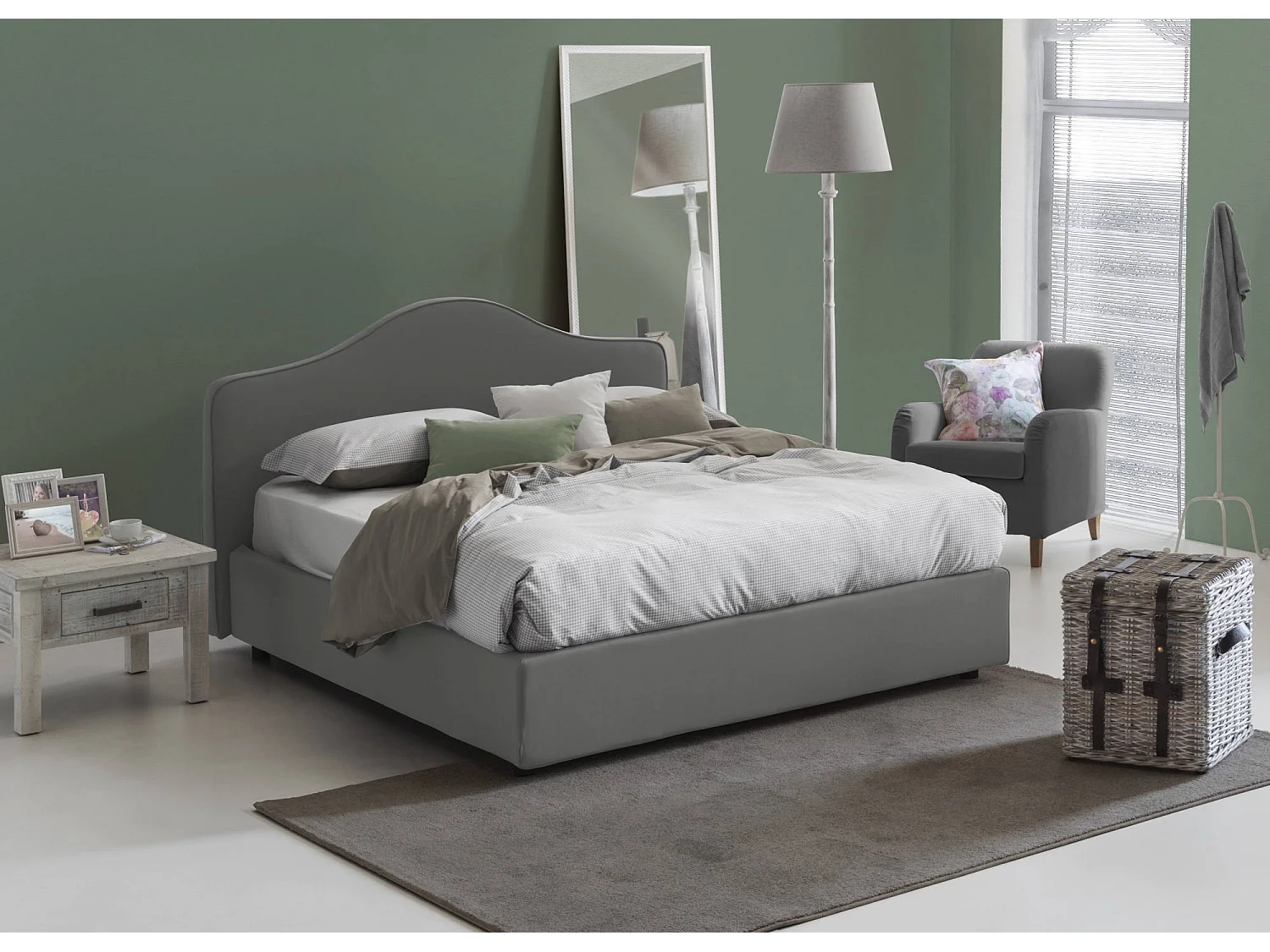 Lit double Dfiasch, Lit coffre avec revêtement en tissu, 100% Made in Italy, Ouverture frontale, adapté pour matelas 160x200 cm, Gris