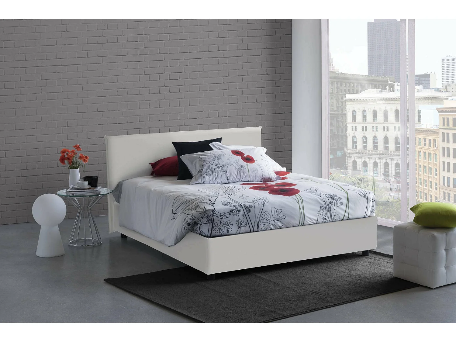 Cama de casal Dak, Cama de armazenamento com forro de couro ecológico, 100% Fabricado na Itália, Abertura frontal, adequada para colchão de 140x200 cm, Branco