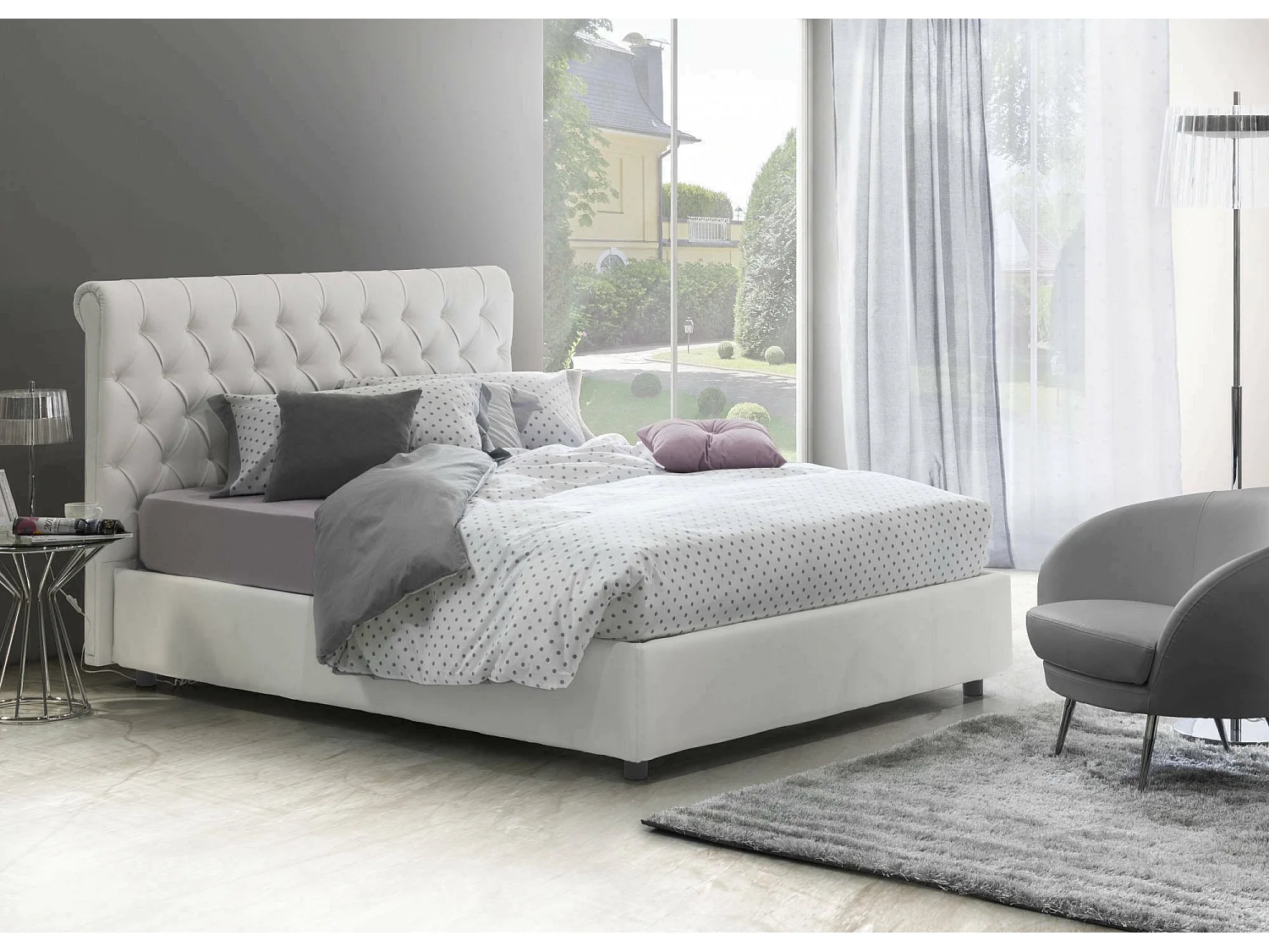 Lit double Dbeca, Lit coffre et tête de lit en éco-cuir, 100% Made in Italy, Ouverture frontale, Blanc, avec matelas 160x190 cm inclus