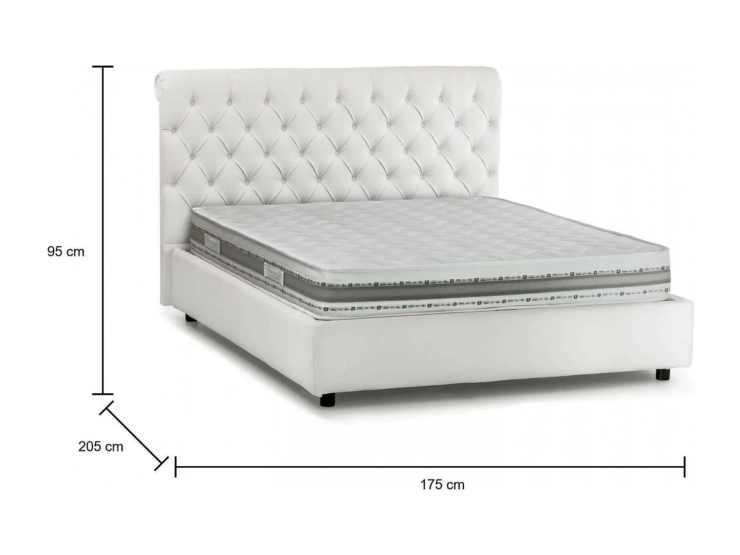 Cama matrimonial Dbeca, Cama contenedor y cabecero en ecopiel, 100% Made in Italy, Apertura frontal, Blanco, con colchón de 160x190 cm incluido