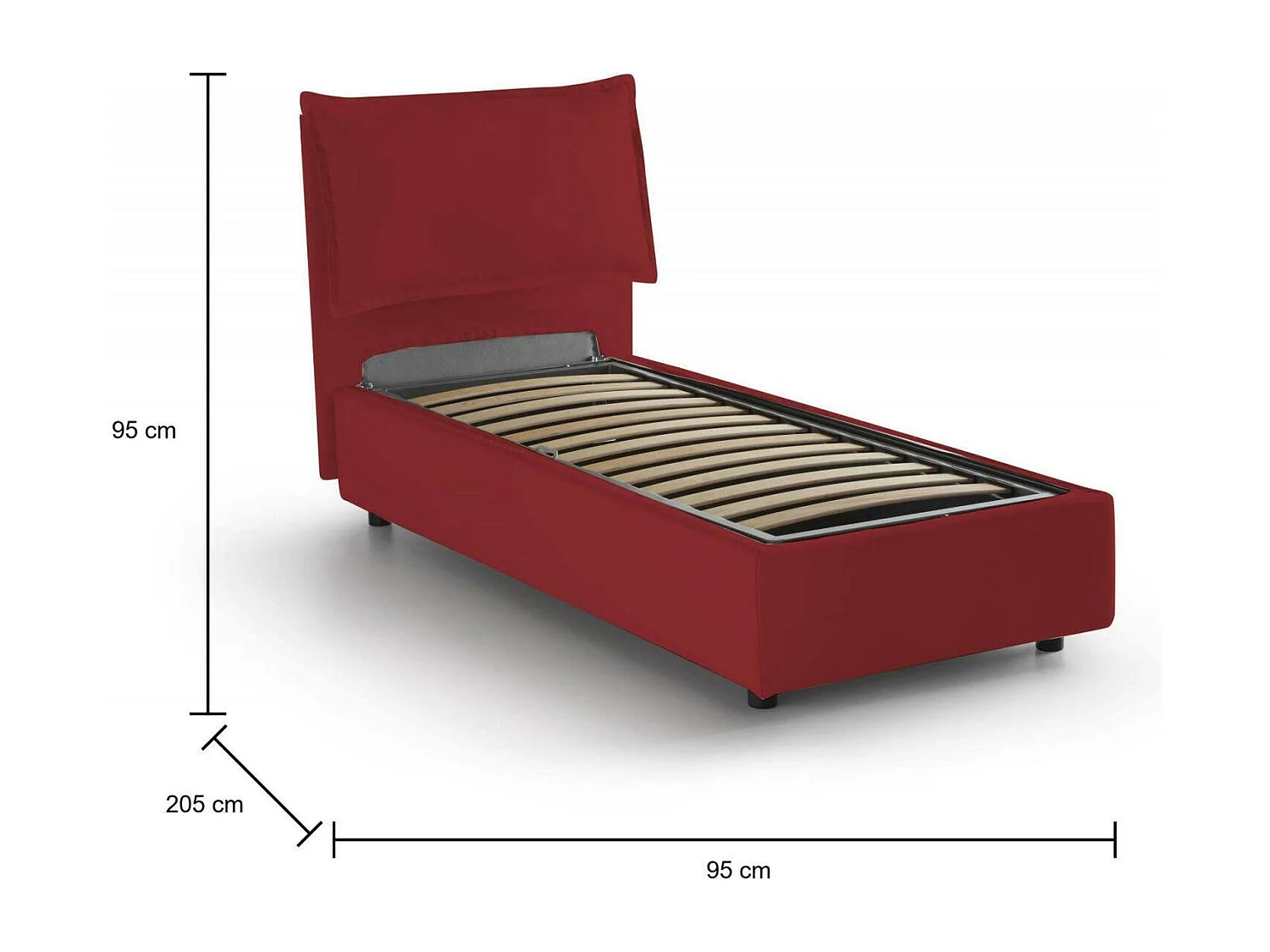 Cama de solteiro Dmosco, Cama de armazenamento com forro de tecido, 100% Fabricado na Itália, Abertura frontal, adequada para colchão de 80x190 cm, Vermelho