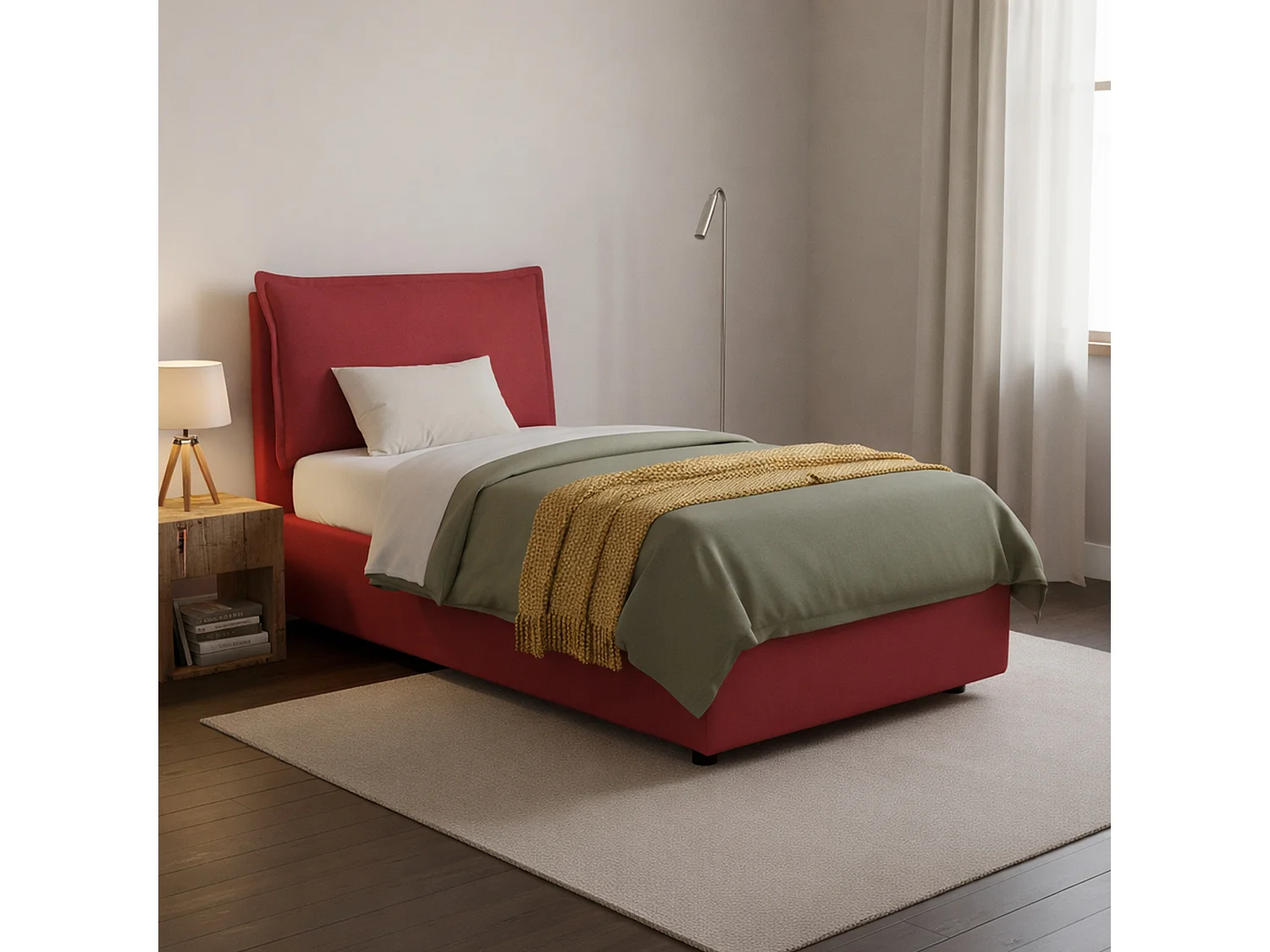 Dmosco eenpersoonsbed, Opbergbed met stoffen bekleding, 100% Made in Italy, Opening aan de voorkant, geschikt voor matras van 80x190 cm, Rood