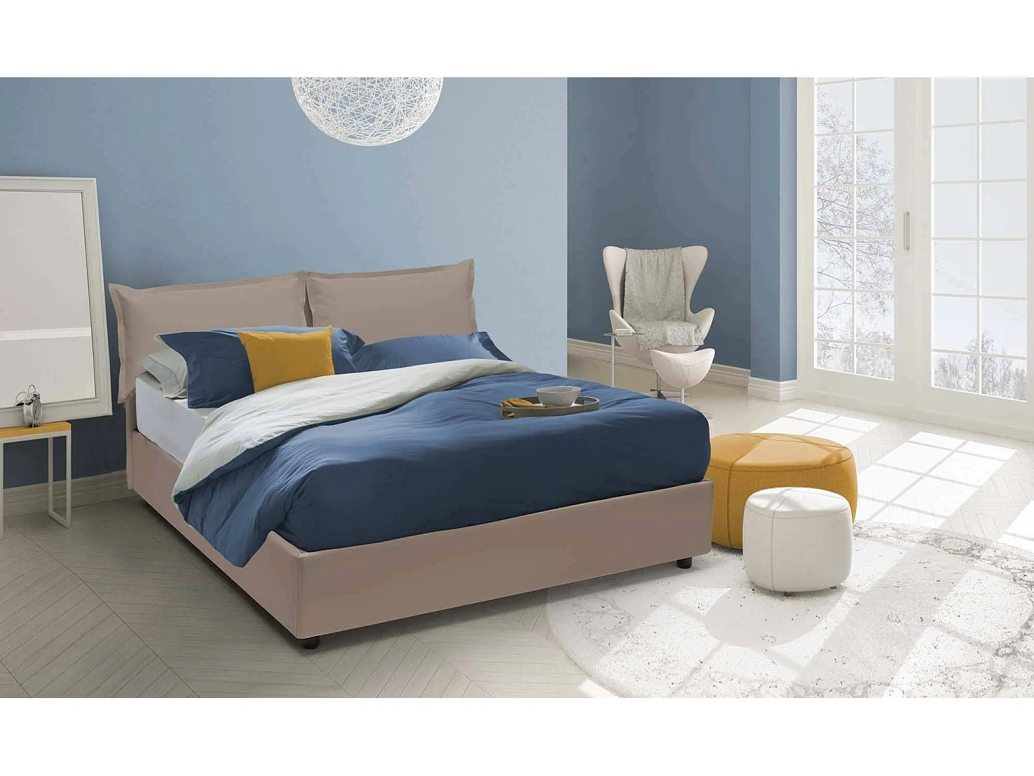Lit double Dfin, Lit coffre avec revêtement en éco-cuir, 100% Made in Italy, Ouverture frontale, avec matelas 160x200 cm inclus, Taupe