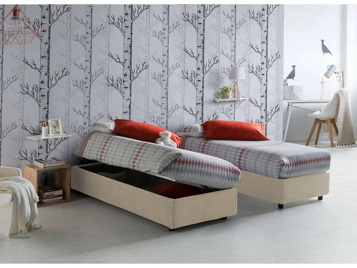 Quadratisches und halbes Bett Ddibar, Containerbett mit Stoffbespannung, 100% Made in Italy, Seitliche Öffnung, inklusive Matratze Cm 120x190, Beige