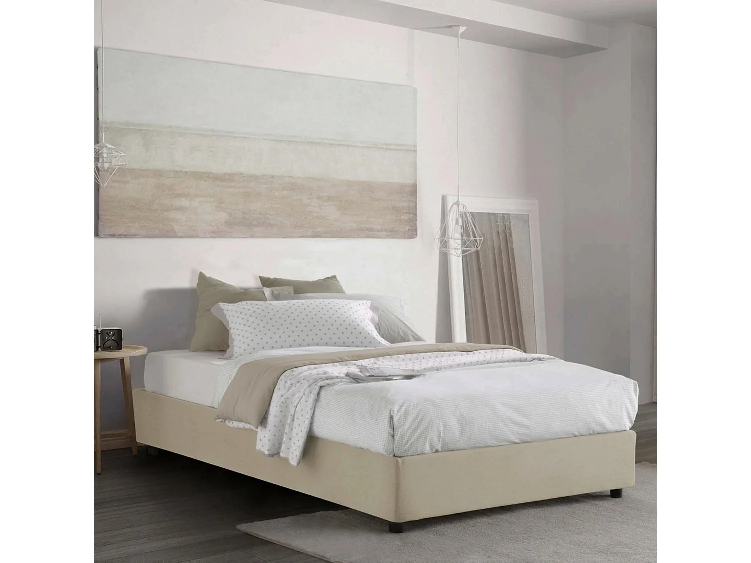 Lit double Ddibar, Lit coffre avec revêtement en tissu, 100% Made in Italy, Ouverture latérale, avec matelas 120x190 cm inclus, Beige