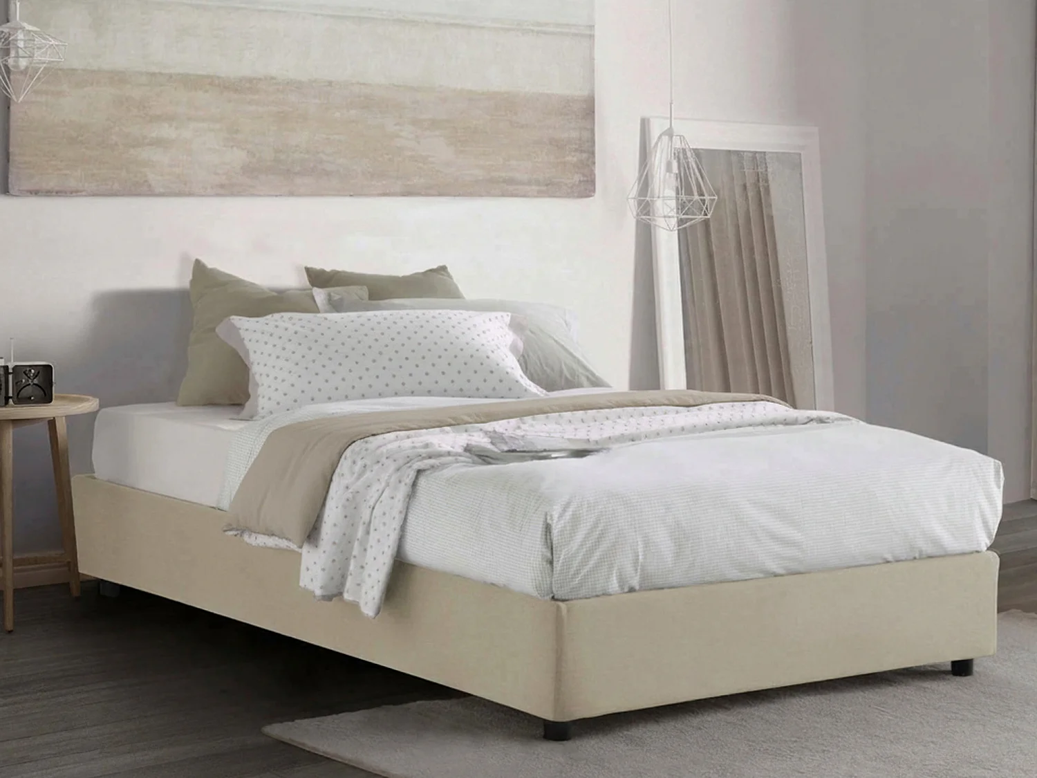 Lit double Ddibar, Lit coffre avec revêtement en tissu, 100% Made in Italy, Ouverture latérale, avec matelas 120x190 cm inclus, Beige