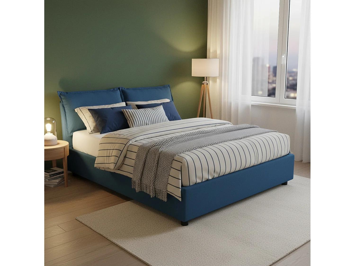 Lit double Dmircol, Lit coffre avec revêtement en tissu, 100% Made in Italy, Ouverture frontale, avec matelas 140x200 cm inclus, Bleu