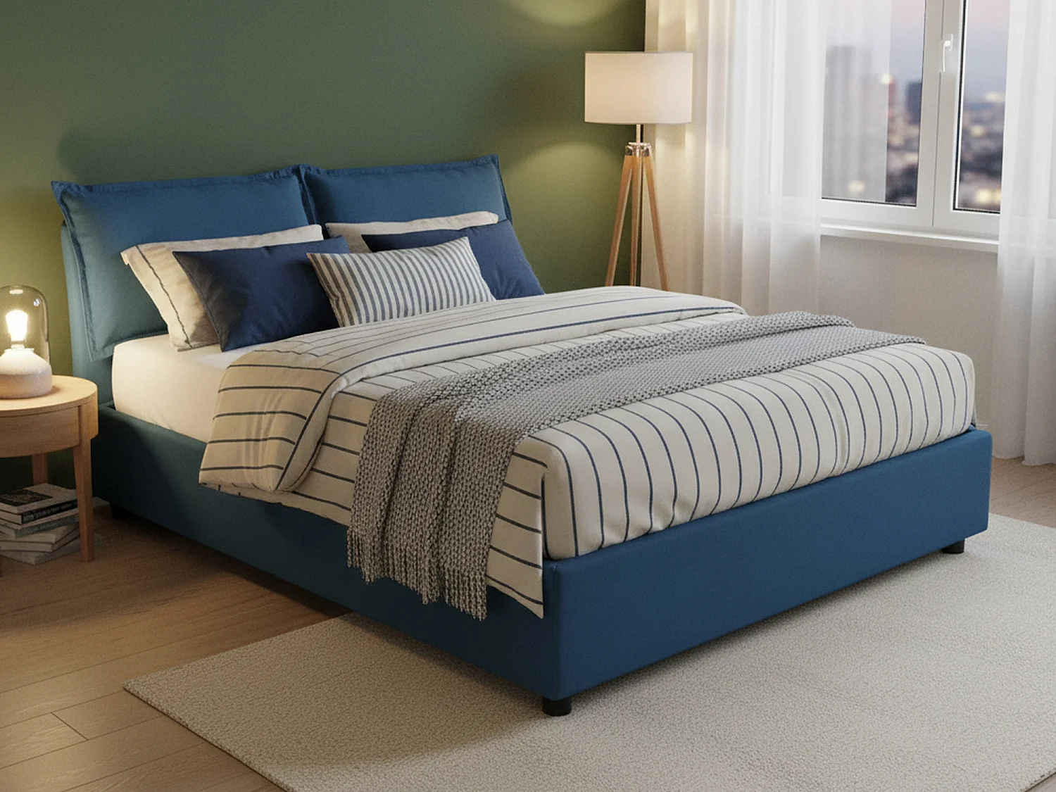 Lit double Dmircol, Lit coffre avec revêtement en tissu, 100% Made in Italy, Ouverture frontale, avec matelas 140x200 cm inclus, Bleu