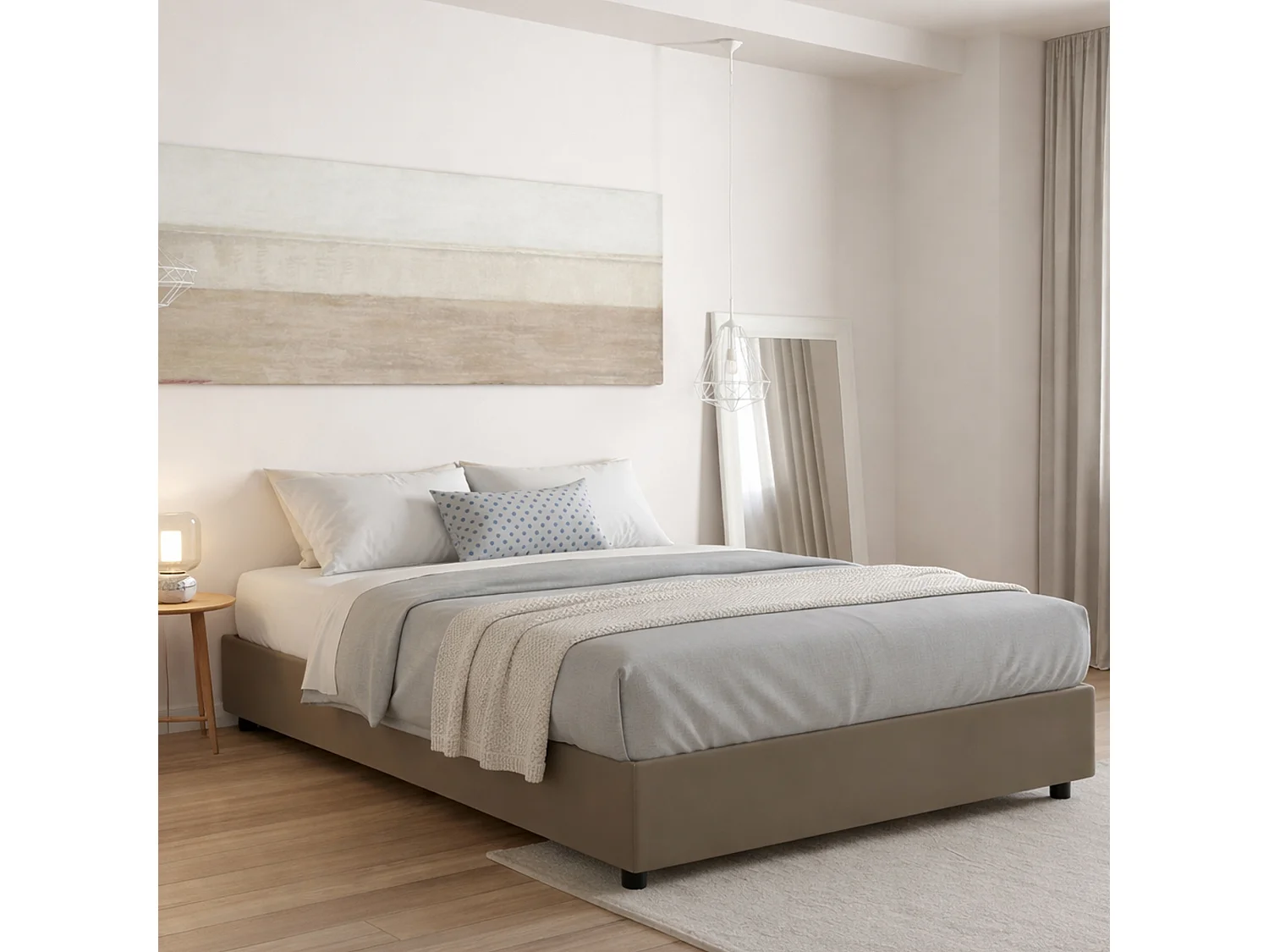 Dabadak tweepersoonsbed, Opbergbed met bekleding van eco-leer, 100% Made in Italy, Opening aan de voorkant, inclusief matras van 140x200 cm, Taupe