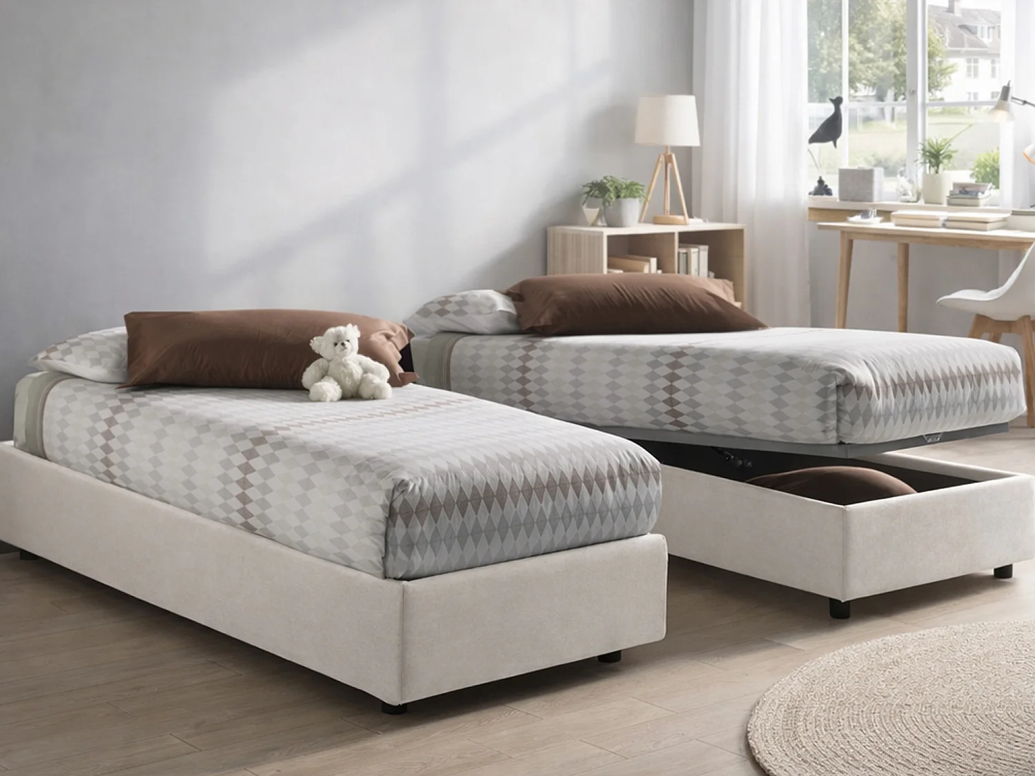 Lit simple Dmaiell, Lit coffre avec revêtement en tissu, 100% Made in Italy, Ouverture frontale, avec matelas 80x200 cm inclus, Blanc