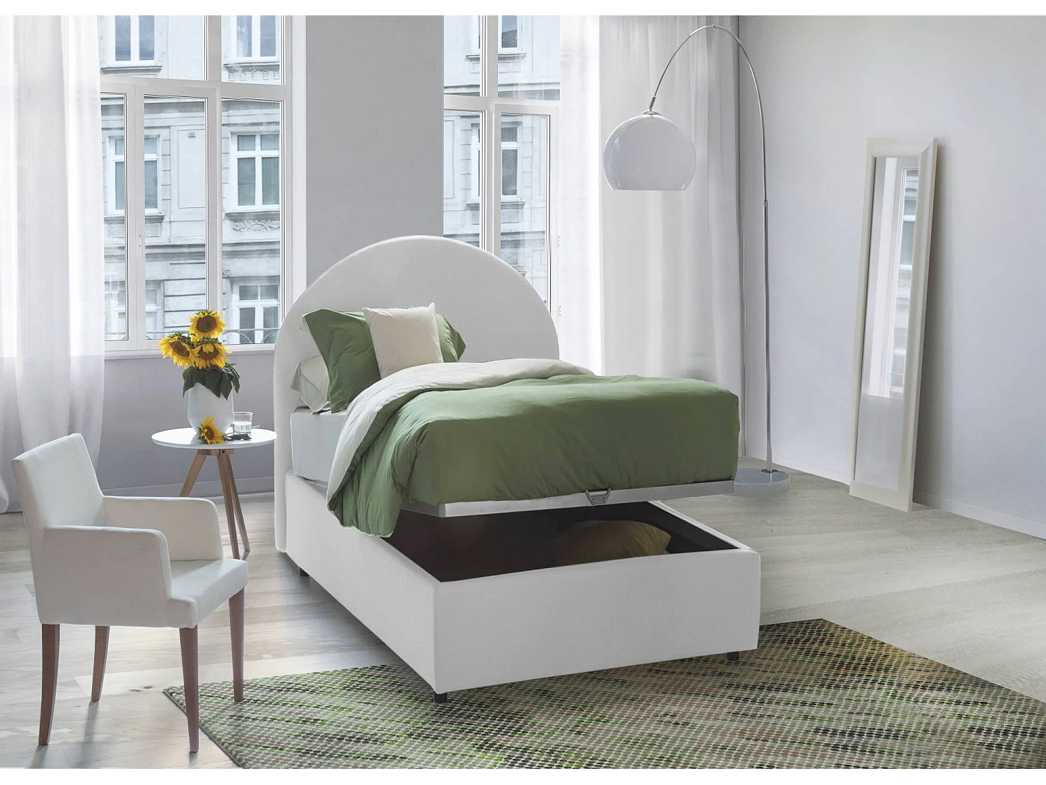 Dcolpan eenpersoonsbed, Opbergbed met stoffen bekleding, 100% Made in Italy, Opening aan de voorkant, inclusief matras van 80x190 cm, Wit