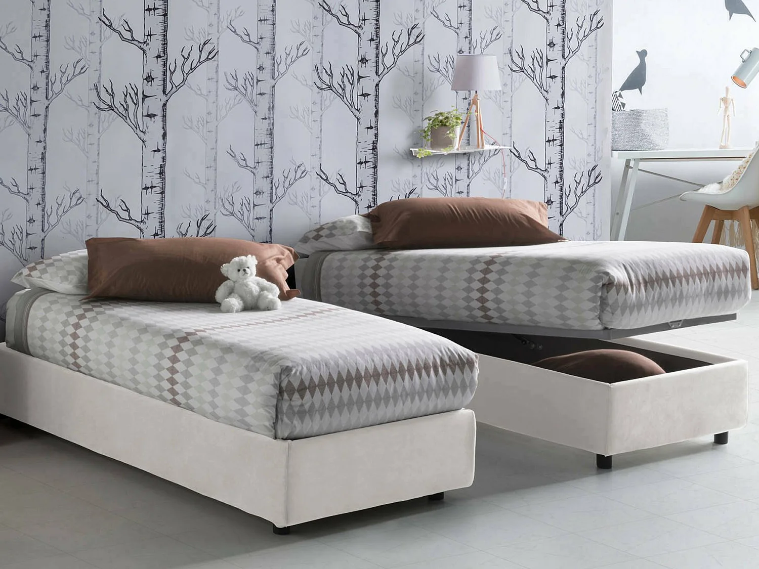 Dgalle eenpersoonsbed, Opbergbed met stoffen bekleding, 100% Made in Italy, Opening aan de voorzijde, geschikt voor matras van 90x200 cm, Wit