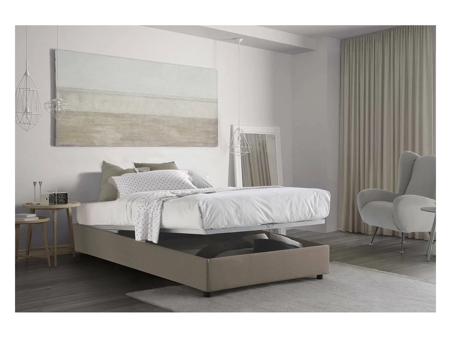 Lit double Dmalizi, Lit coffre avec revêtement en tissu, 100% Made in Italy, Ouverture frontale, avec matelas 120x200 cm inclus, Taupe