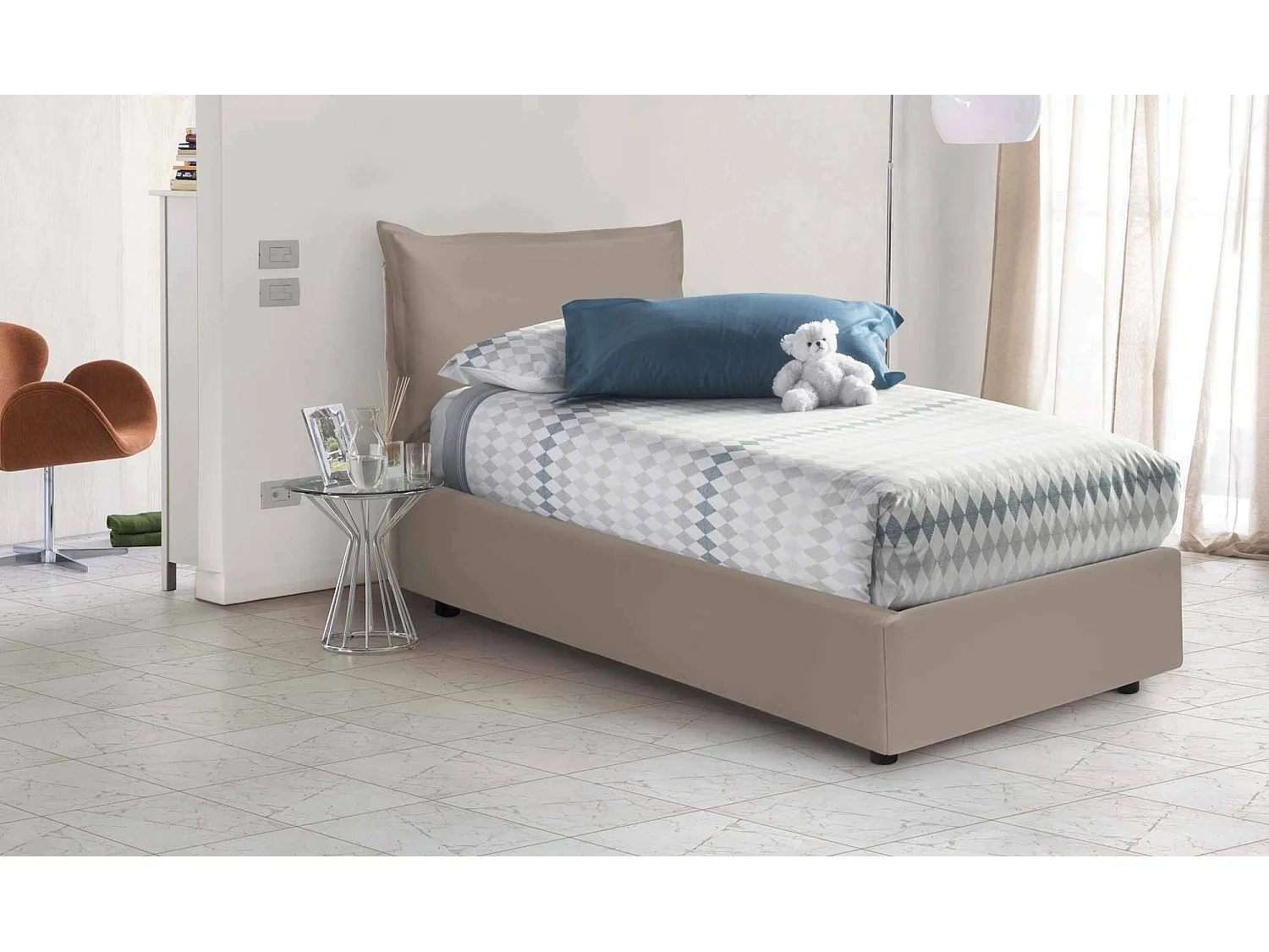 Lit simple Dgelm, Lit coffre avec revêtement en éco-cuir, 100% Made in Italy, Ouverture latérale, adapté pour matelas 80x190 cm, Taupe