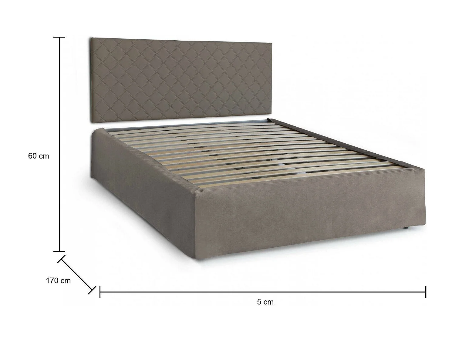 Lit double Dbenass, ensemble tête de lit en éco-cuir avec sommier orthopédique et volant, 100% Made in Italy, adapté pour un matelas 160x190 cm, gris tourterelle