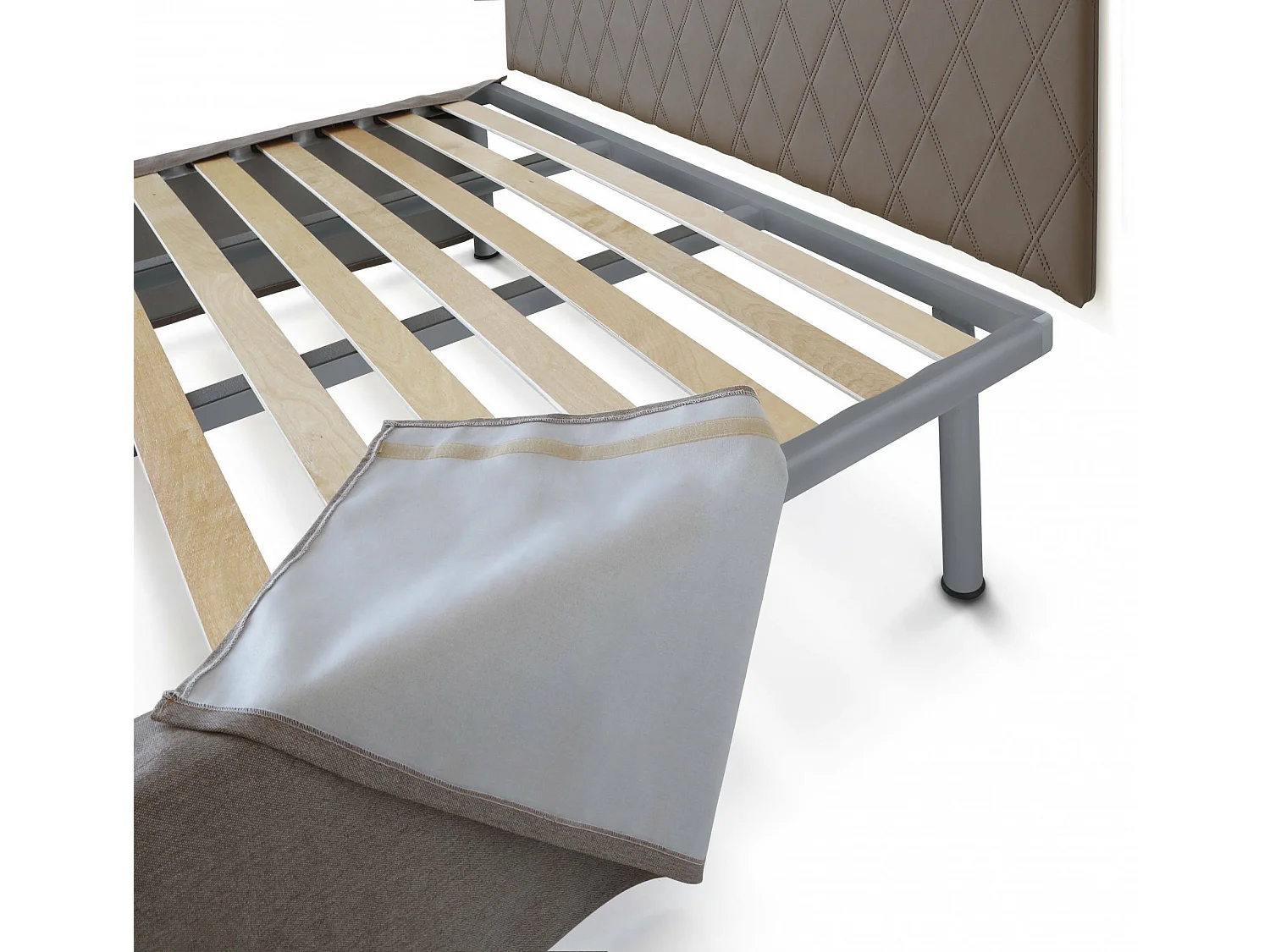 Cama matrimonial Dbenass, Juego de cabecero en ecopiel con base ortopédica y cenefa, 100% Made in Italy, adecuado para colchón de 160x190 cm, Tórtola