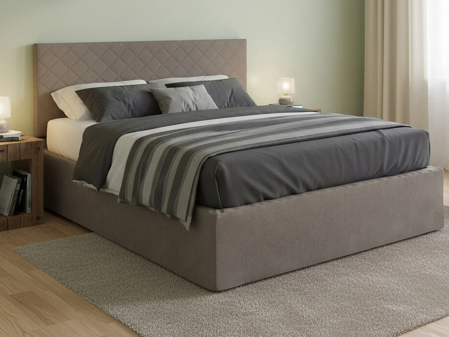 Cama matrimonial Dbenass, Juego de cabecero en ecopiel con base ortopédica y cenefa, 100% Made in Italy, adecuado para colchón de 160x190 cm, Tórtola