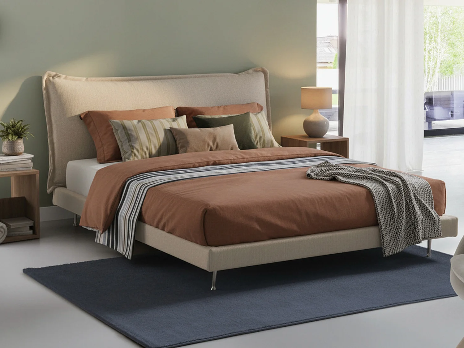 Lit double Dabbat, Lit fixe avec revêtement et tête de lit en tissu, 100% Made in Italy, adapté pour matelas 160x190 cm, Beige