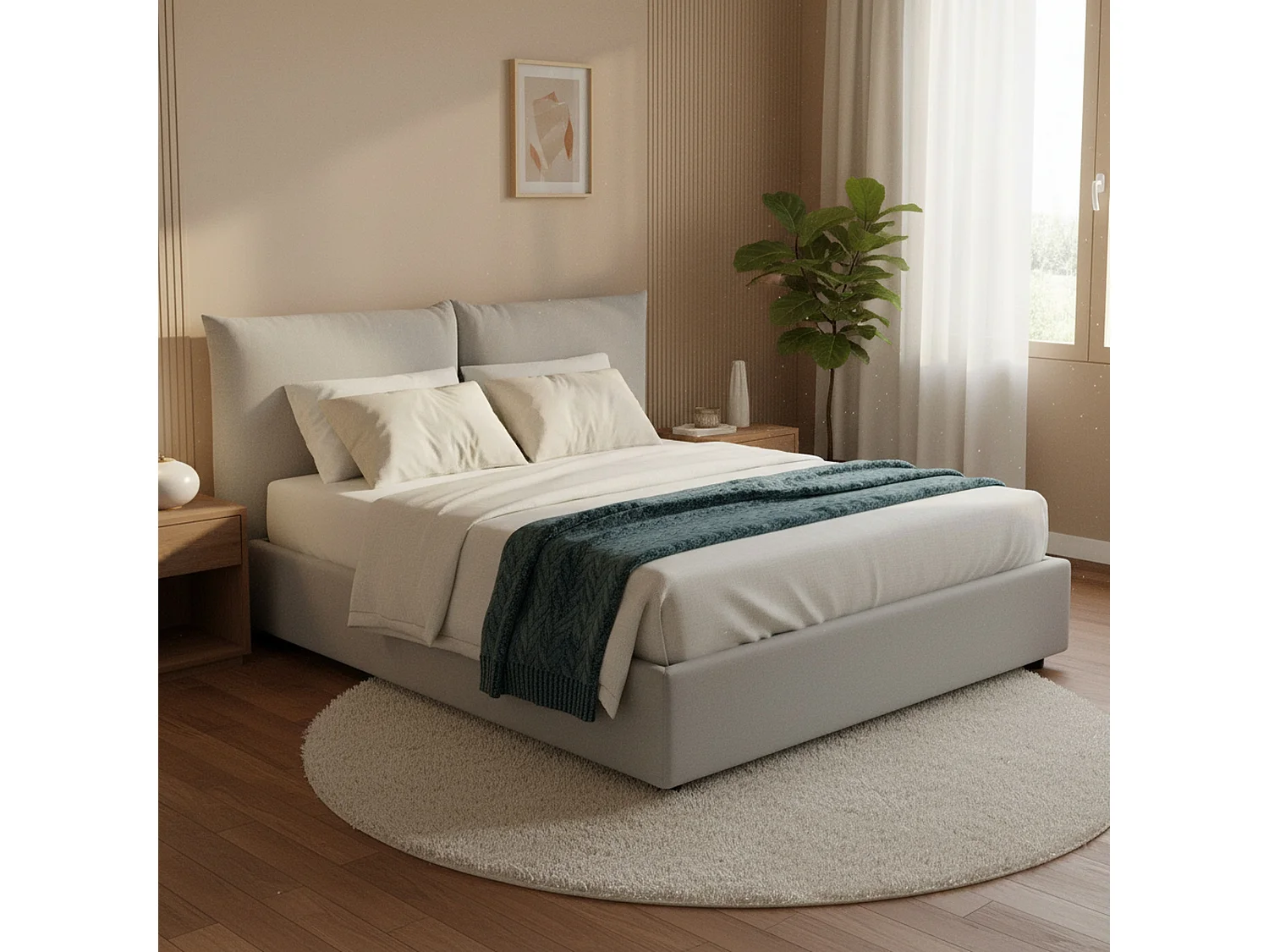 Lit double Dmlaka, Lit coffre avec revêtement en tissu, 100% Made in Italy, Ouverture frontale, adapté pour matelas 160x190 cm, Blanc