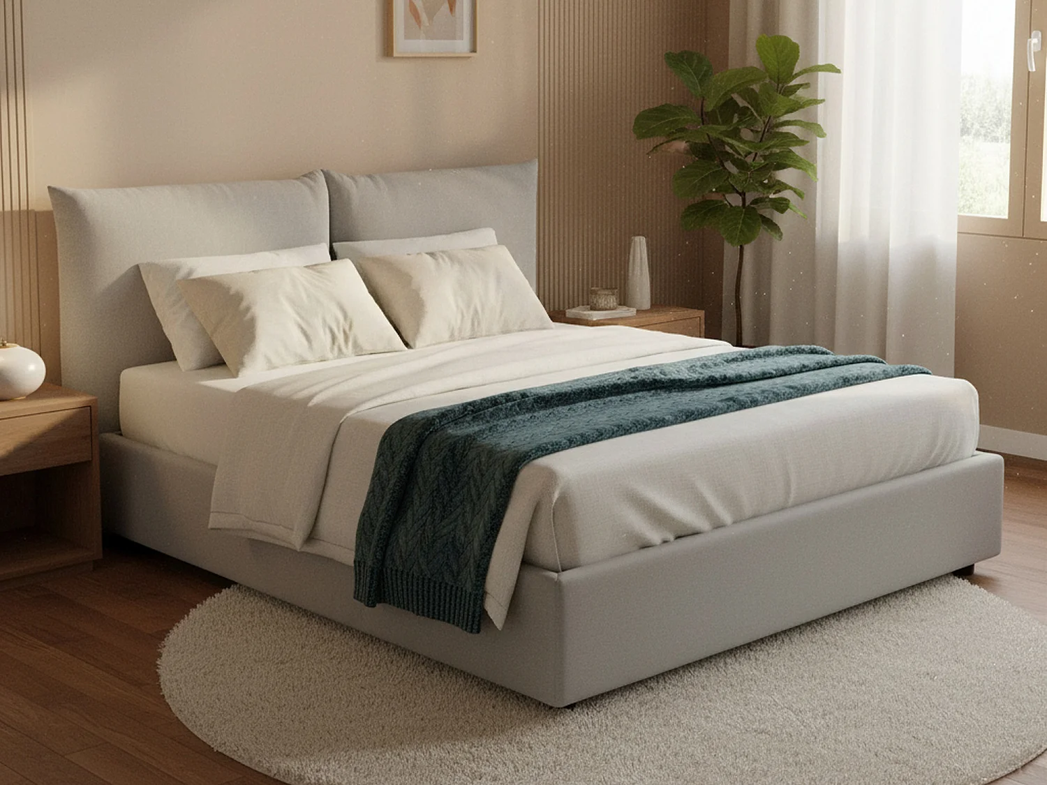 Lit double Dmlaka, Lit coffre avec revêtement en tissu, 100% Made in Italy, Ouverture frontale, adapté pour matelas 160x190 cm, Blanc