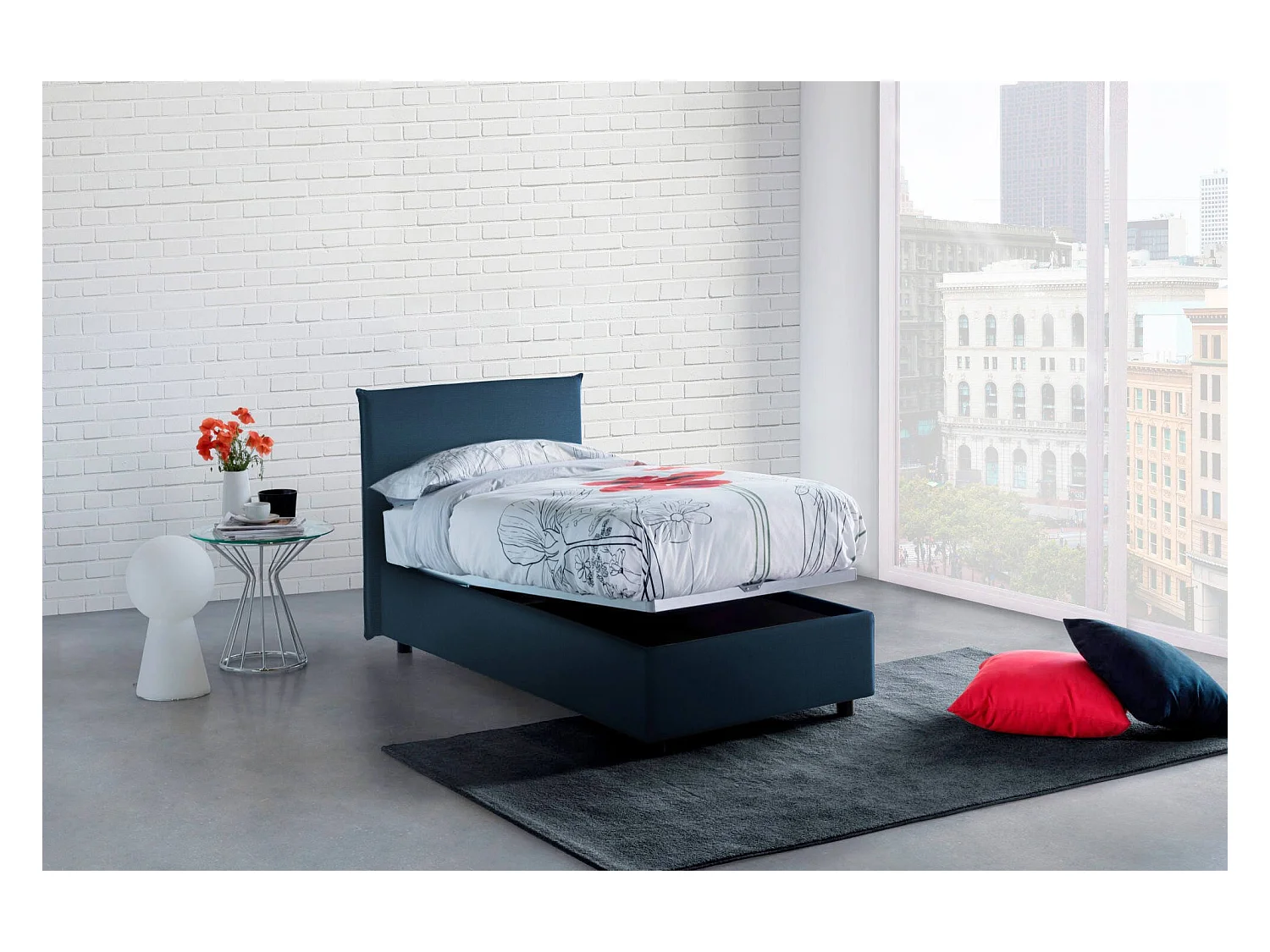 Lit simple Dban, Lit coffre avec revêtement en tissu, 100% Made in Italy, Ouverture frontale, avec matelas 90x190 cm inclus, Bleu