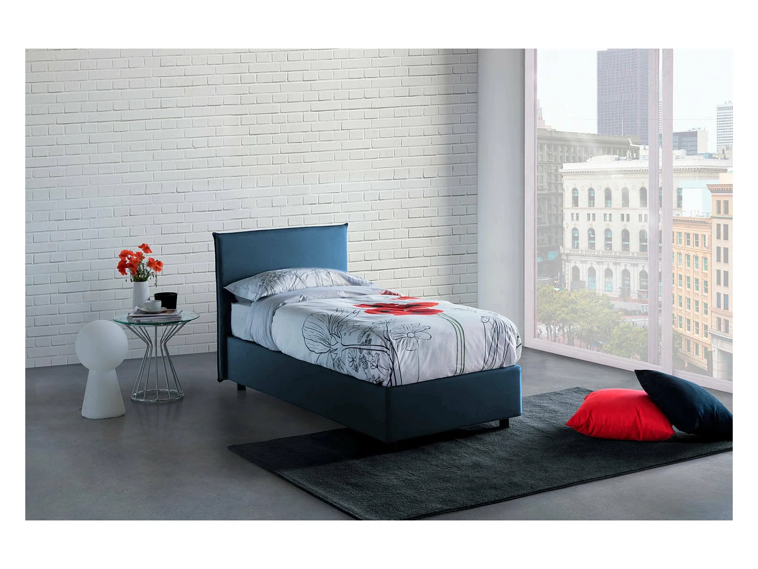 Dban eenpersoonsbed, Opbergbed met stoffen bekleding, 100% Made in Italy, Opening aan de voorkant, inclusief matras van 90x190 cm, Blauw