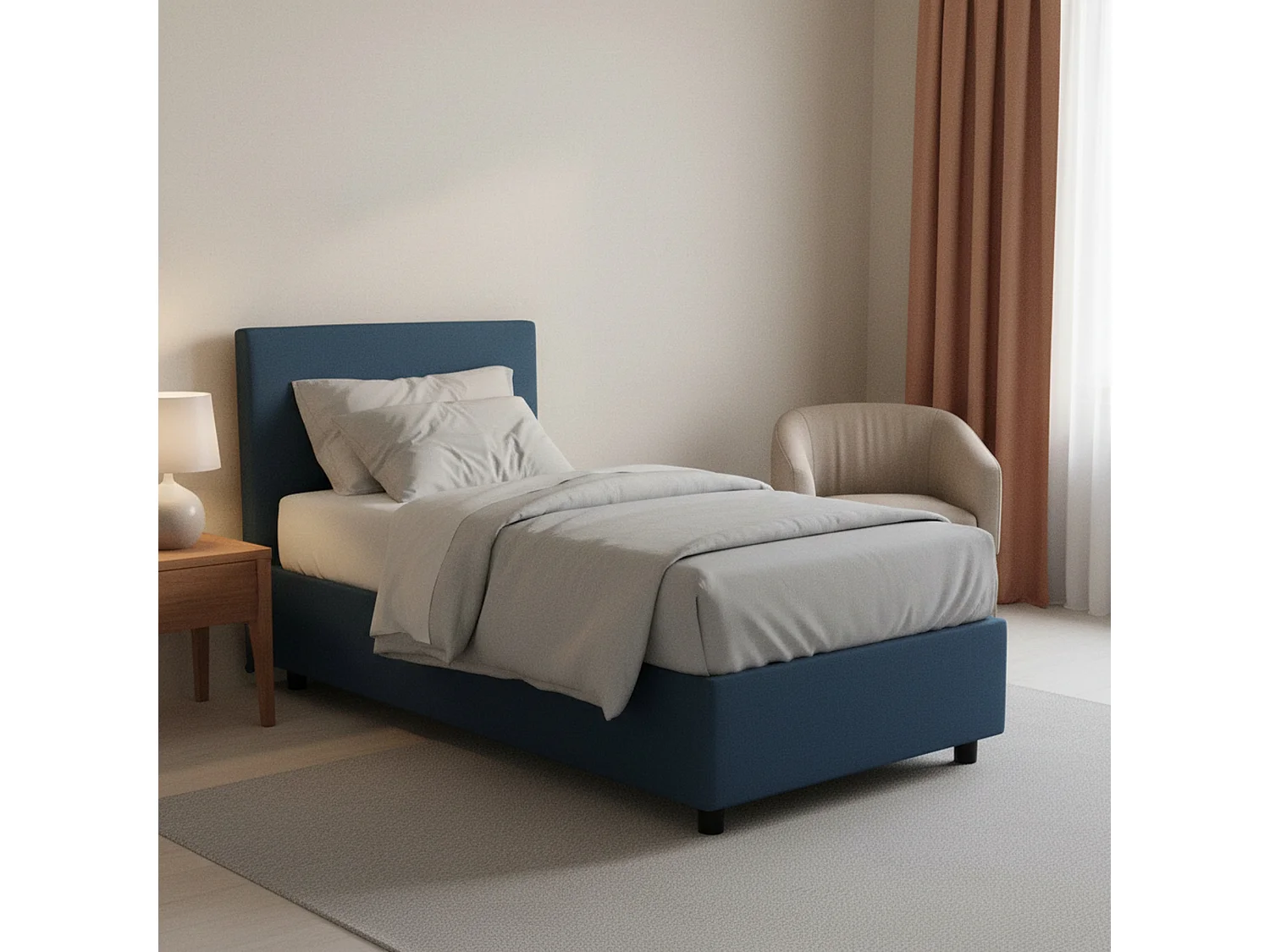 Lit simple Dban, Lit coffre avec revêtement en tissu, 100% Made in Italy, Ouverture frontale, avec matelas 90x190 cm inclus, Bleu
