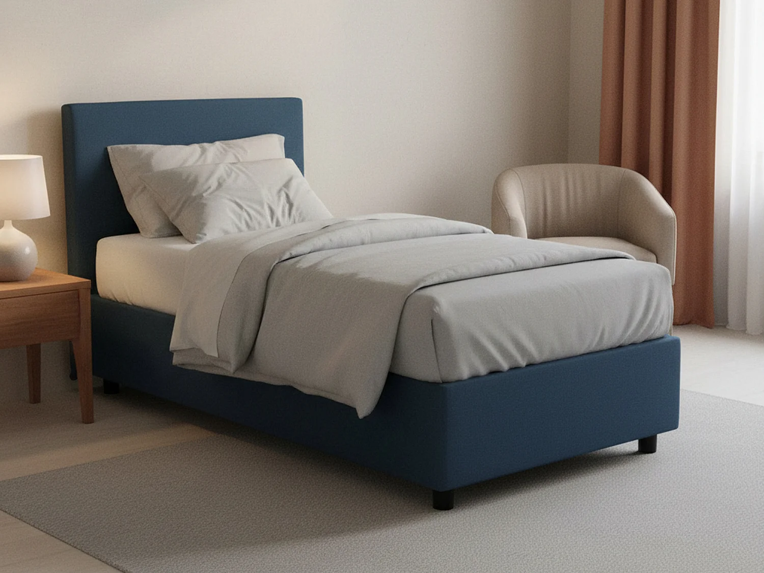 Lit simple Dban, Lit coffre avec revêtement en tissu, 100% Made in Italy, Ouverture frontale, avec matelas 90x190 cm inclus, Bleu