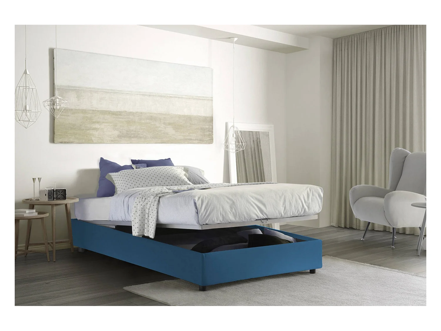 Lit double Chloé, Lit coffre avec revêtement en tissu, 100% Made in Italy, Ouverture frontale, adapté pour matelas 140x200 cm, Bleu