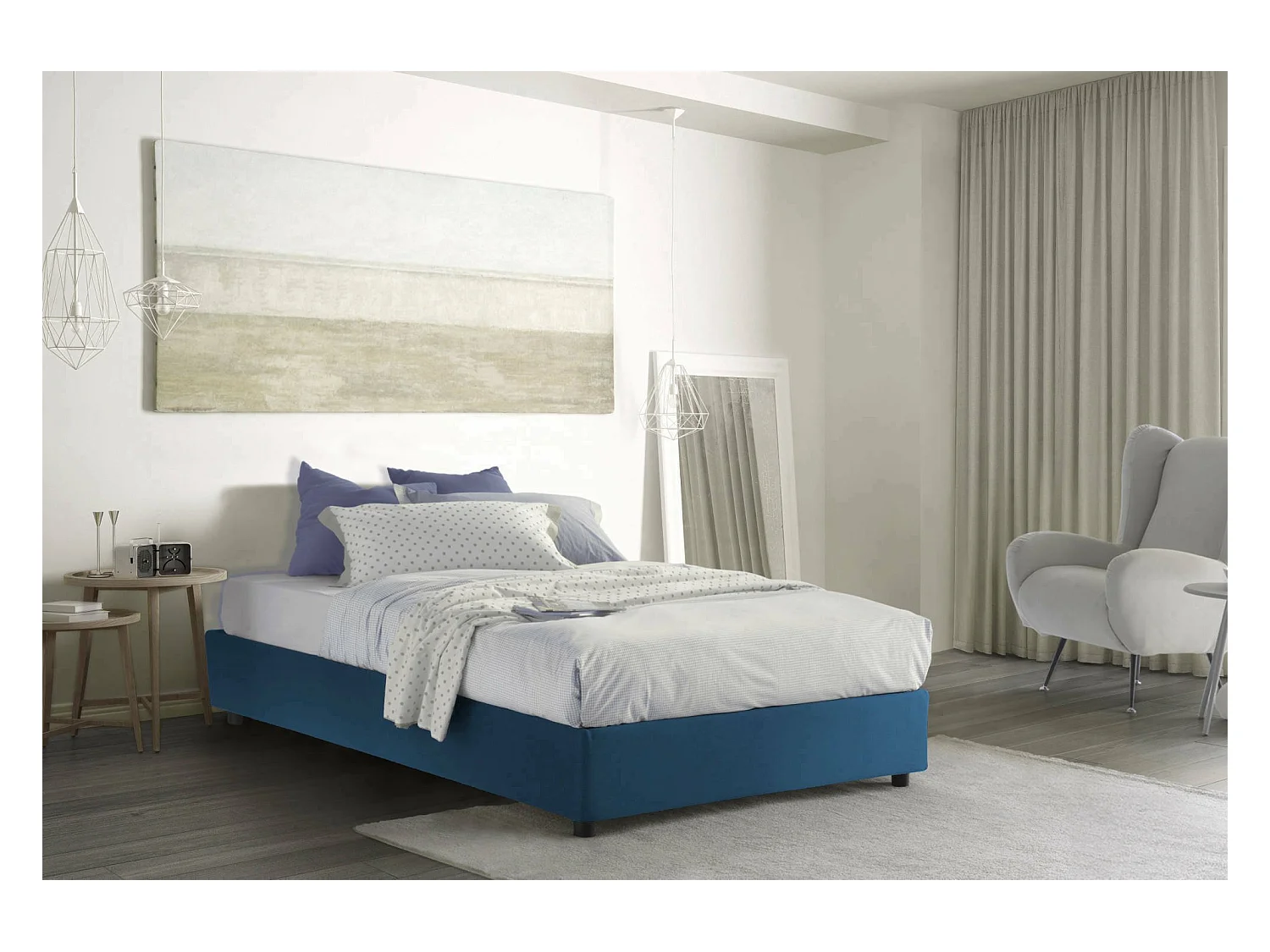 Lit double Chloé, Lit coffre avec revêtement en tissu, 100% Made in Italy, Ouverture frontale, adapté pour matelas 140x200 cm, Bleu
