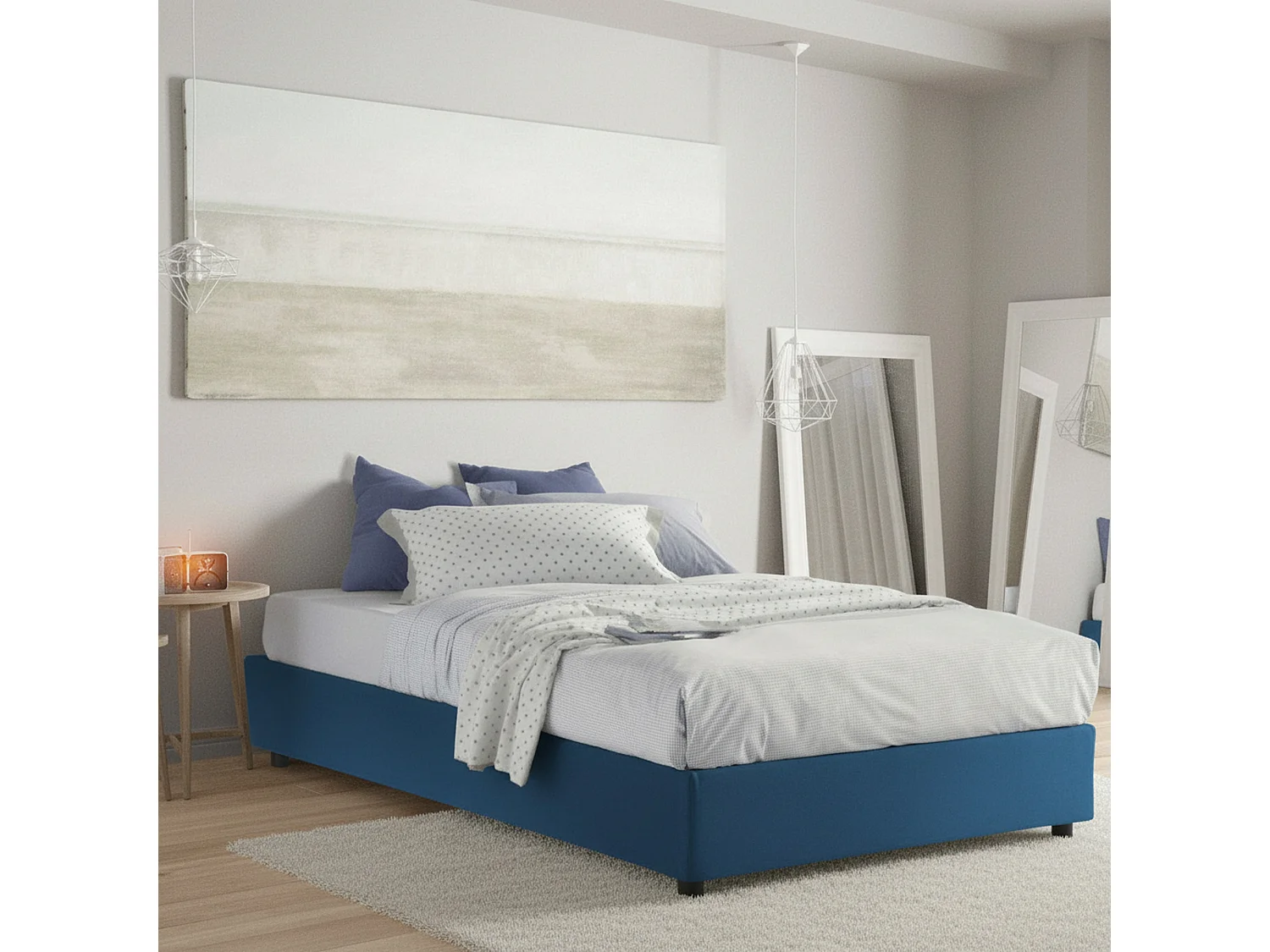 Lit double Chloé, Lit coffre avec revêtement en tissu, 100% Made in Italy, Ouverture frontale, adapté pour matelas 140x200 cm, Bleu