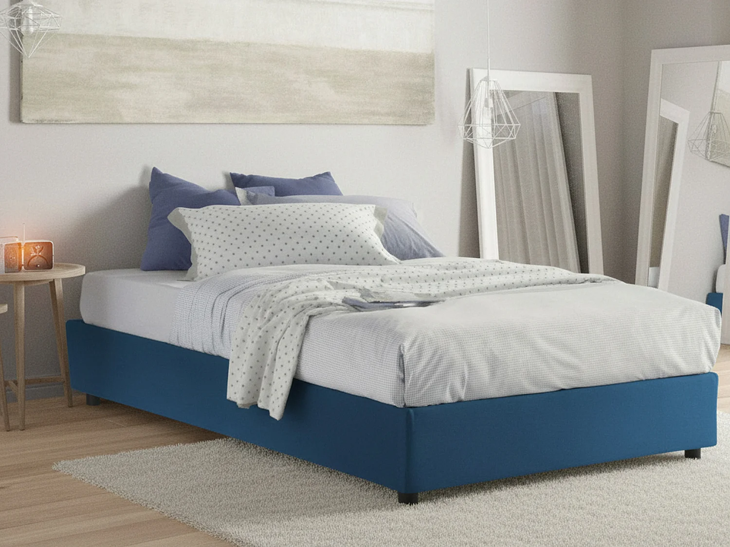 Lit double Chloé, Lit coffre avec revêtement en tissu, 100% Made in Italy, Ouverture frontale, adapté pour matelas 140x200 cm, Bleu