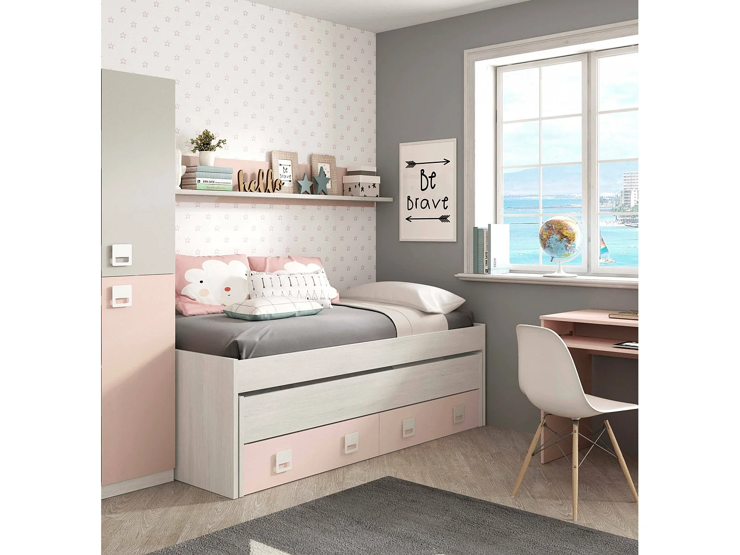 Lit simple Dcurci, Cadre de lit pour chambre, Lit simple avec lit extractible et 2 tiroirs et étagère, 199x96h65 cm, Blanc et Rose