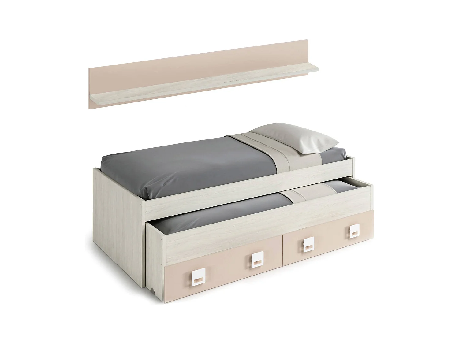 Lit simple Dcurci, Cadre de lit pour chambre, Lit simple avec lit extractible et 2 tiroirs et étagère, 199x96h65 cm, Blanc et Rose