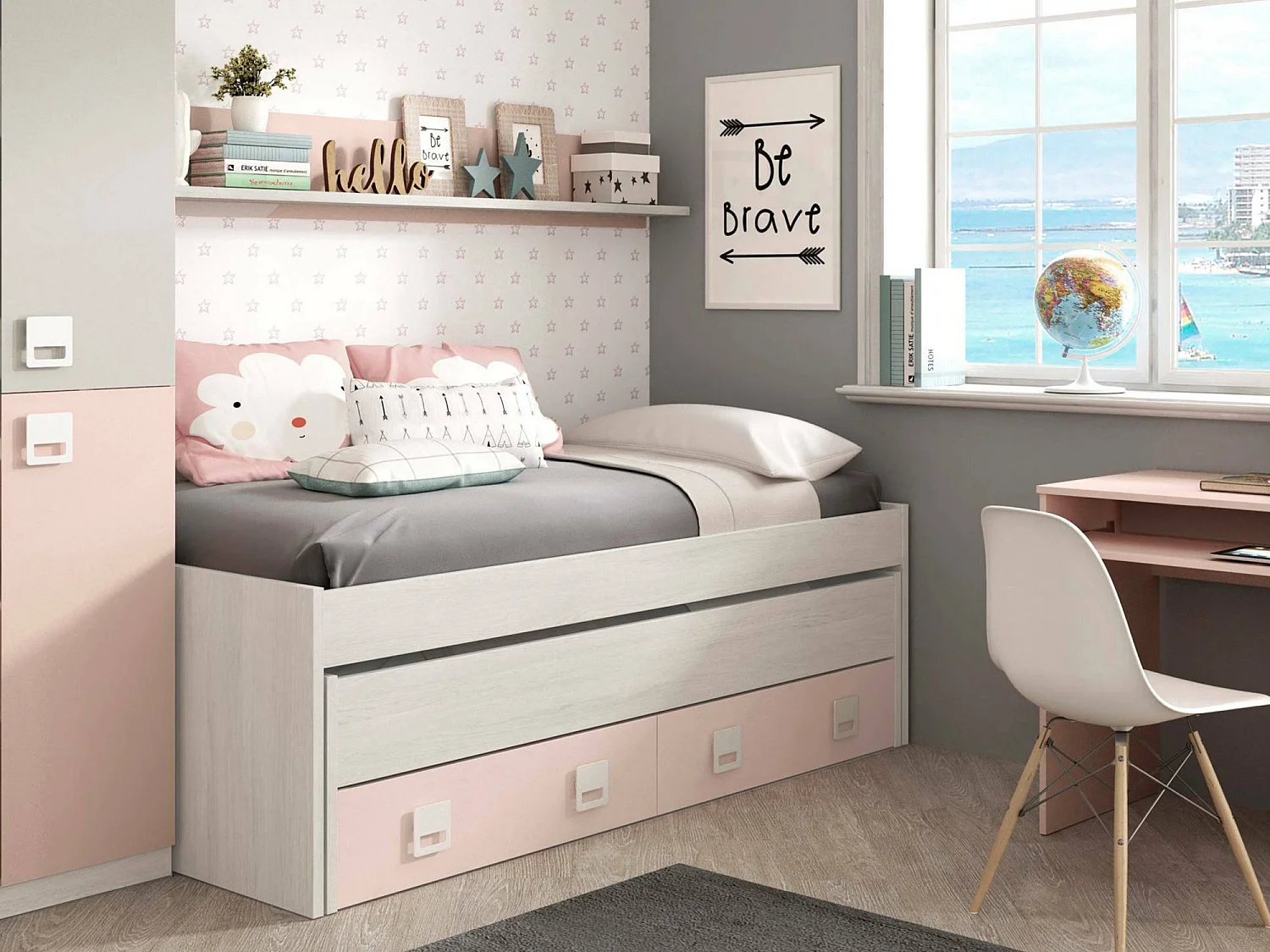 Lit simple Dcurci, Cadre de lit pour chambre, Lit simple avec lit extractible et 2 tiroirs et étagère, 199x96h65 cm, Blanc et Rose