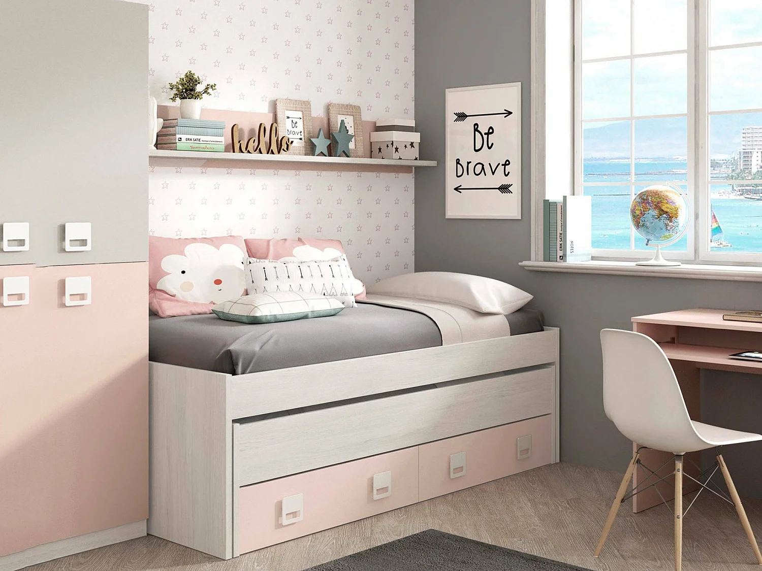 Lit simple Dcurci, Cadre de lit pour chambre, Lit simple avec lit extractible et 2 tiroirs et étagère, 199x96h65 cm, Blanc et Rose