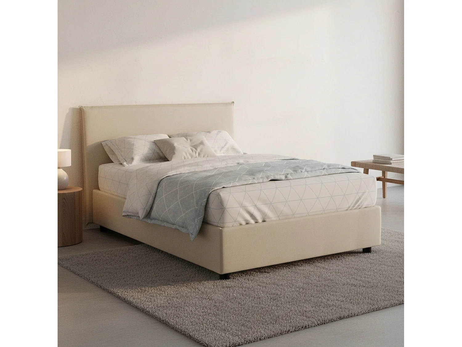 Quadratisches und halbes Bett Daceva, Containerbett mit Stoffbespannung, 100% Made in Italy, Frontöffnung, passend für Matratze Cm 120x200, Beige