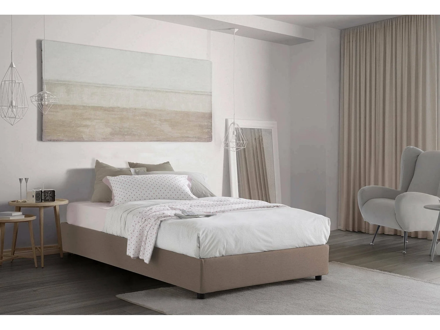 Lit double Daronic, lit coffre avec revêtement en tissu, 100% Made in Italy, ouverture latérale, adapté pour matelas 120x190 cm, gris tourterelle