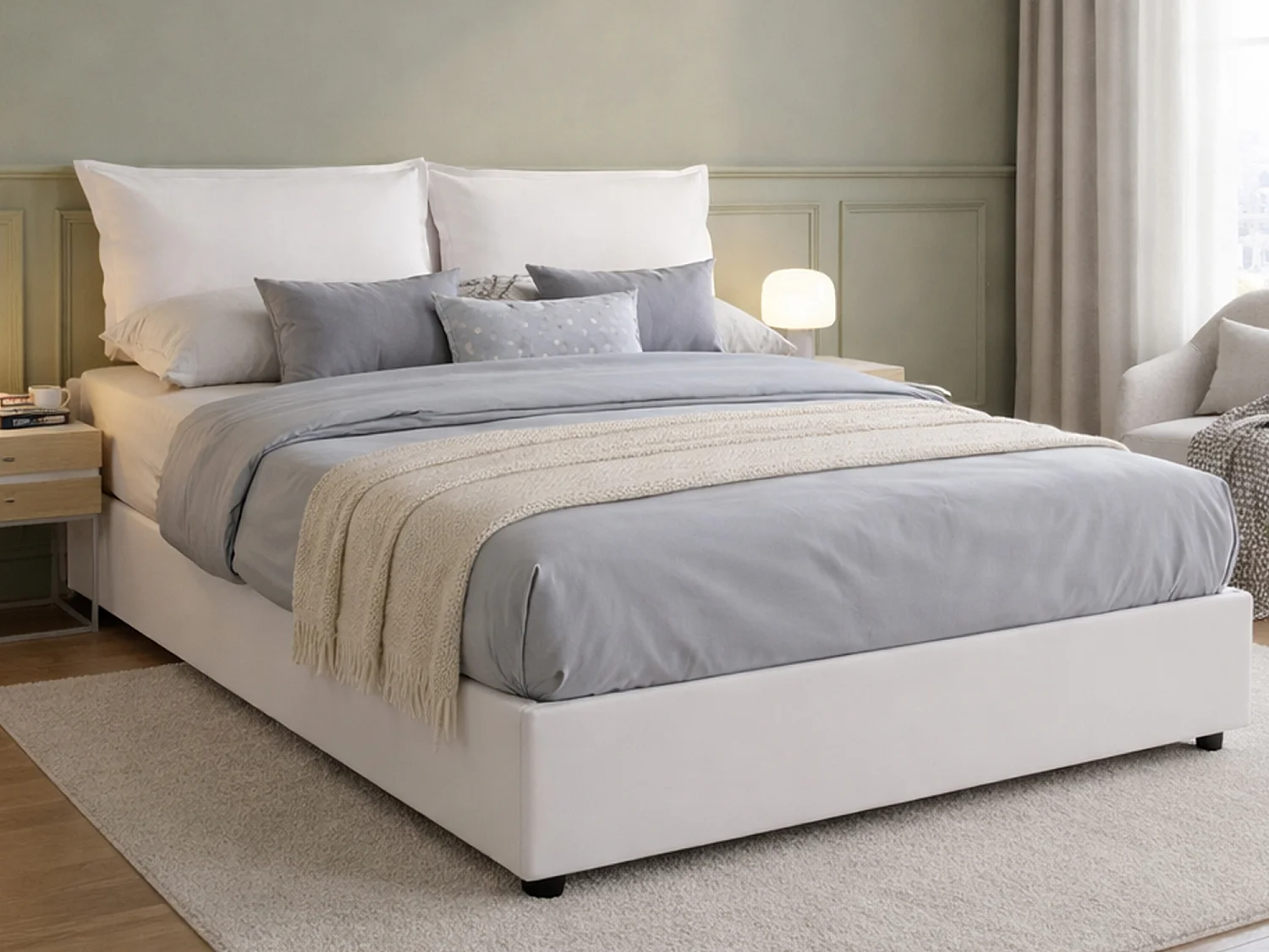 Lit double Dgirau, Lit coffre avec revêtement en éco-cuir, 100% Made in Italy, Ouverture frontale, adapté pour matelas 140x200 cm, Blanc