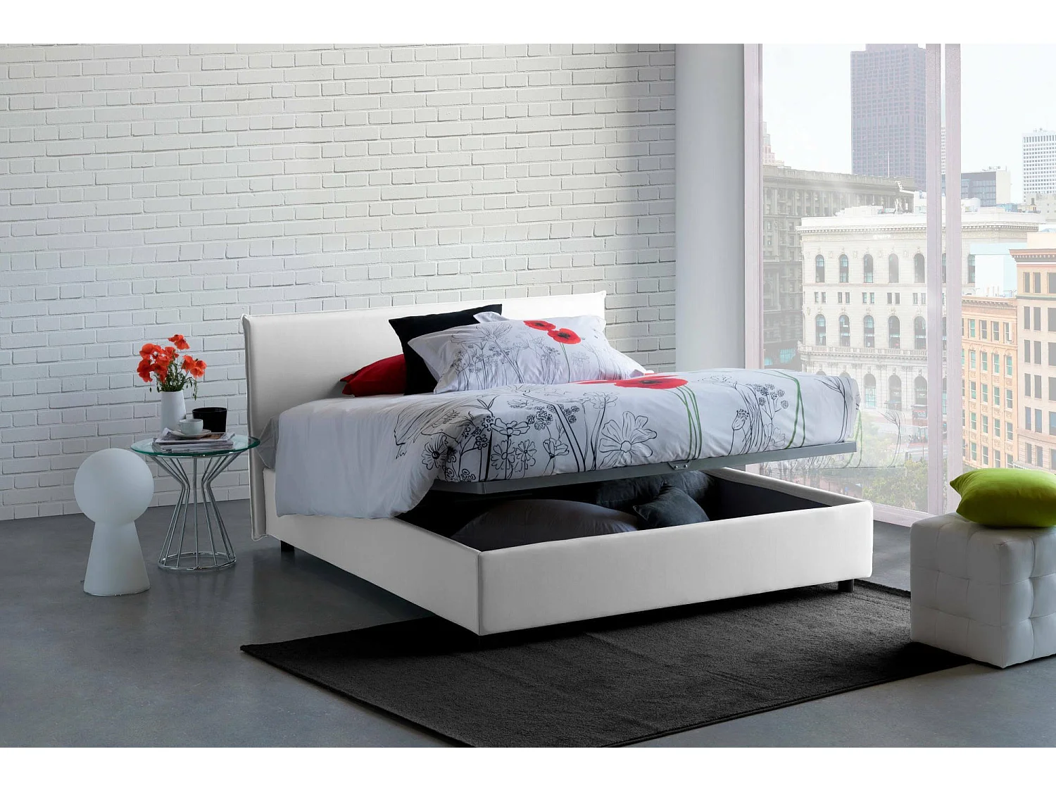Cama de casal feminina, Cama de armazenamento com forro de tecido, 100% Fabricado na Itália, Abertura frontal, com colchão 160x190 cm incluído, Branco
